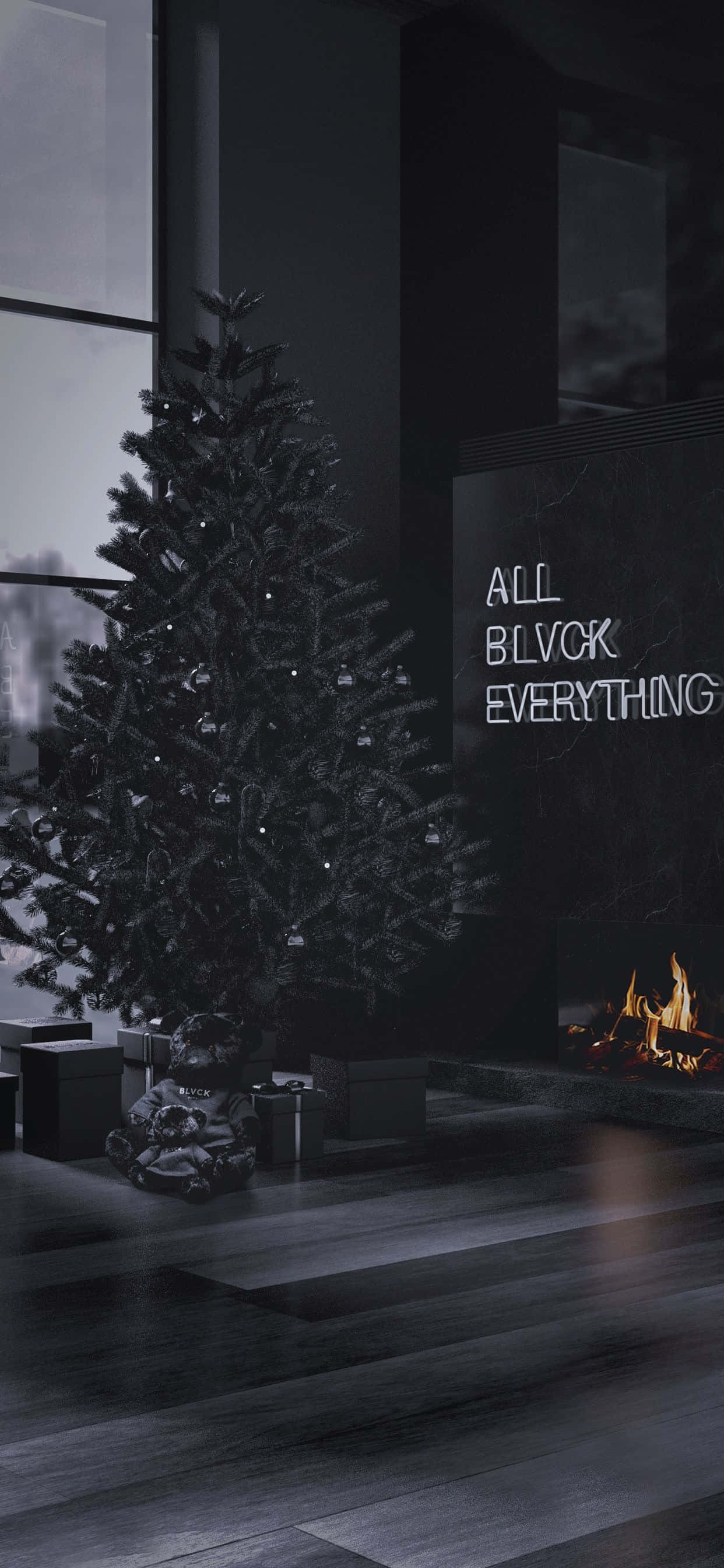 Dark Christmas Tree Monochrome Aesthetic, black and white living room, decorated Christmas tree, 2K Phone Wallpaper