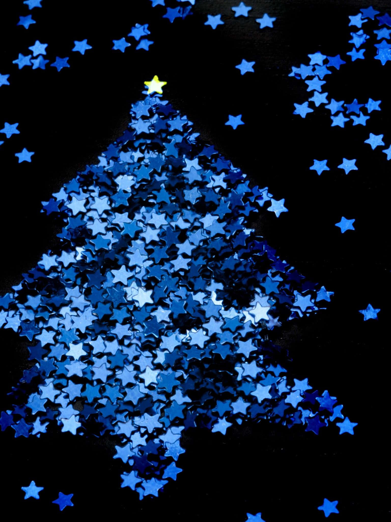 Dark Christmas, shimmering blue star-shaped confetti, glowing yellow star, Full HD Phone Wallpaper