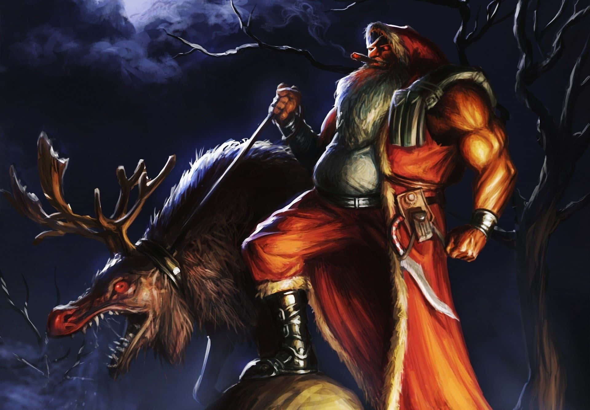Dark Christmas, red robes, monstrous deer, Full HD Desktop Wallpaper