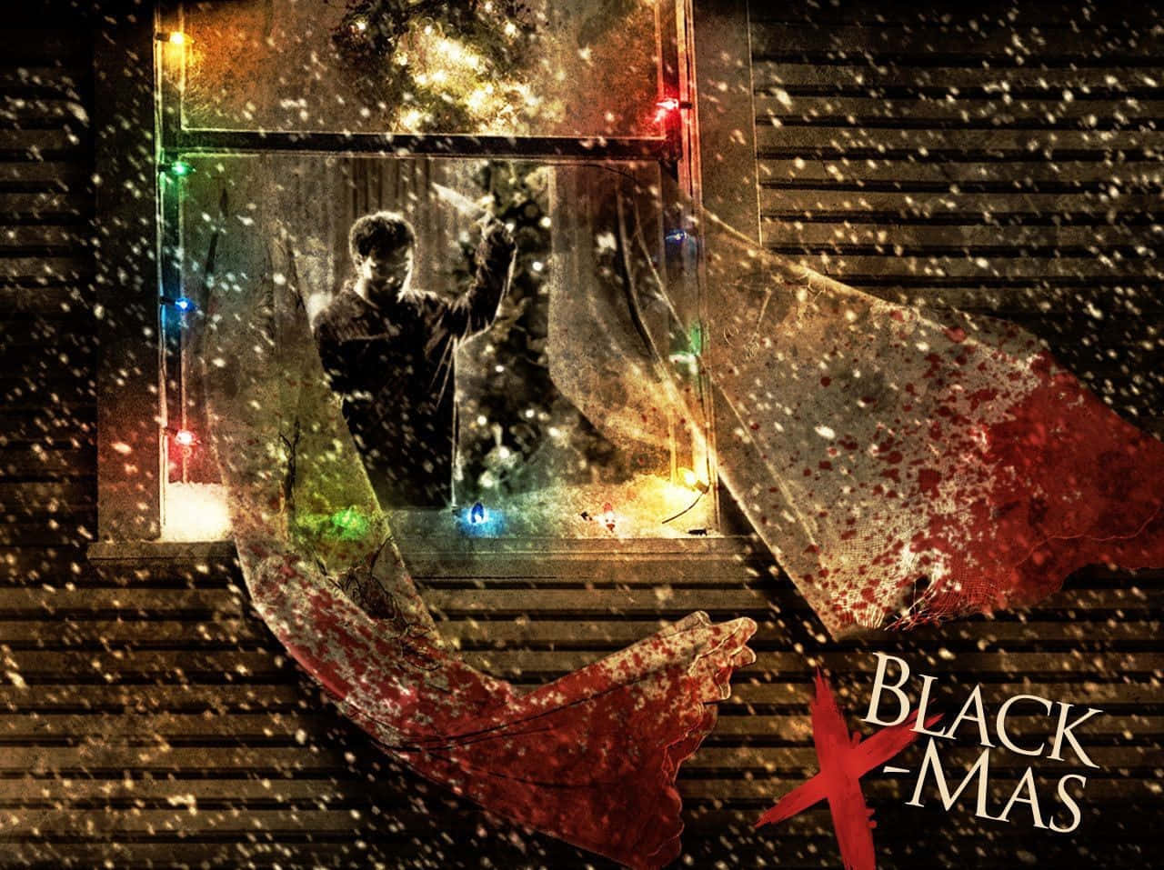 Dark Christmas, snowy window, colorful lights, HD Desktop Wallpaper