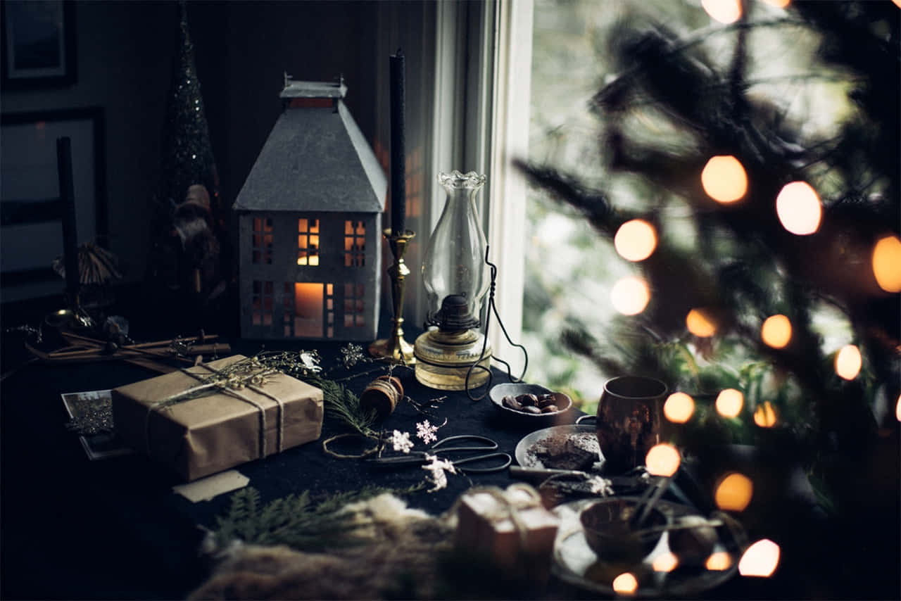 Dark Christmas, holiday table, glowing lanterns, HD Desktop Wallpaper