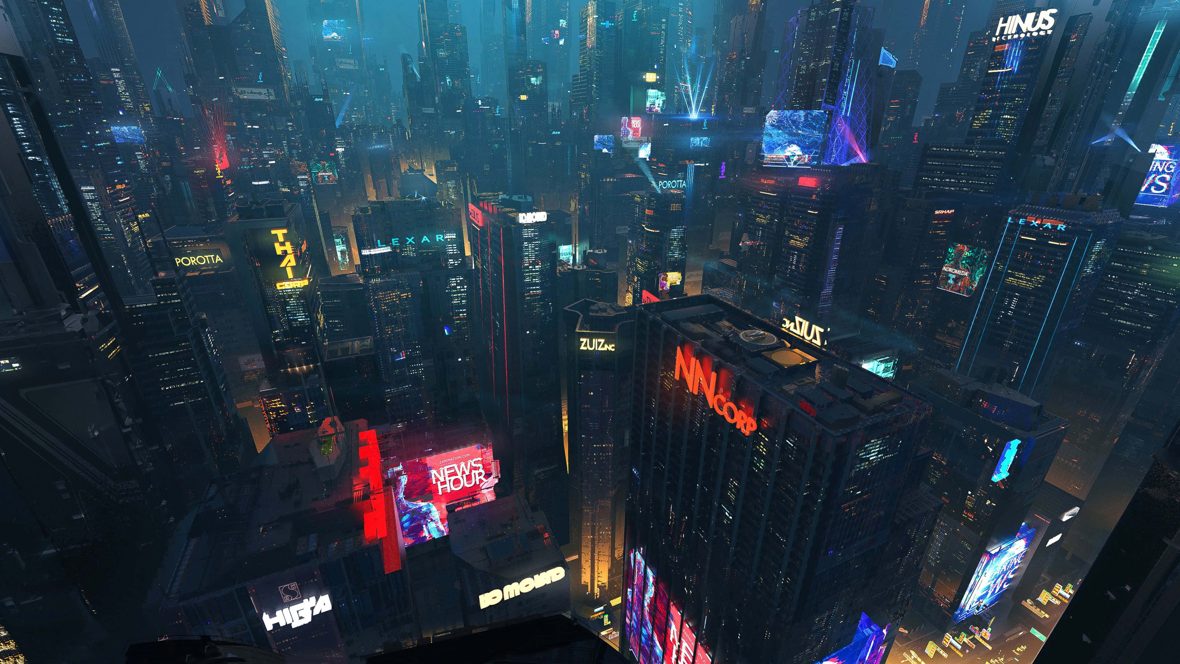 Dark City 4K, neon-lit cyberpunk cityscape, towering skyscrapers, 4K Desktop Wallpaper