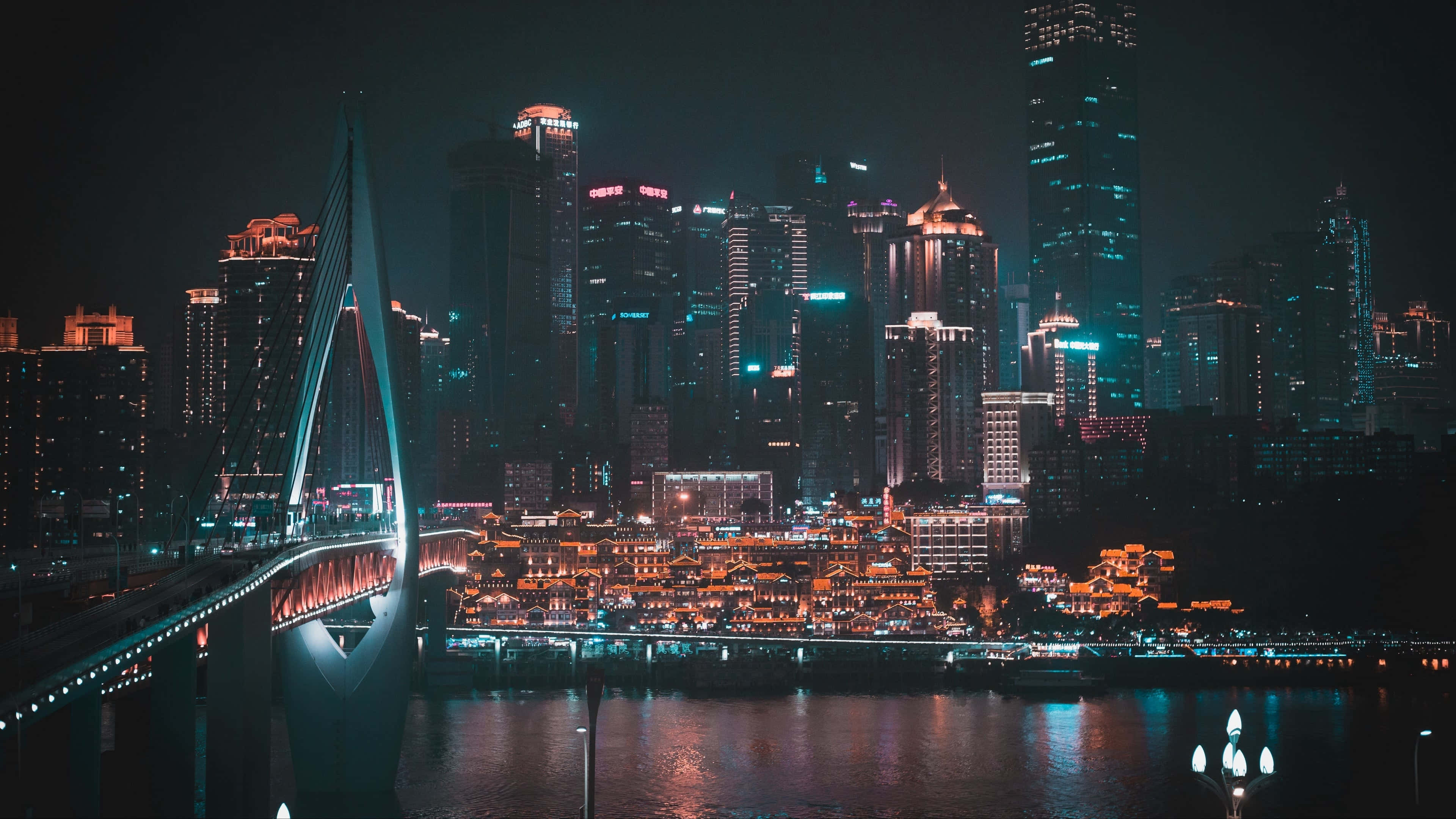 Dark City 4K, neon lights, glowing bridge, 4K Desktop Wallpaper