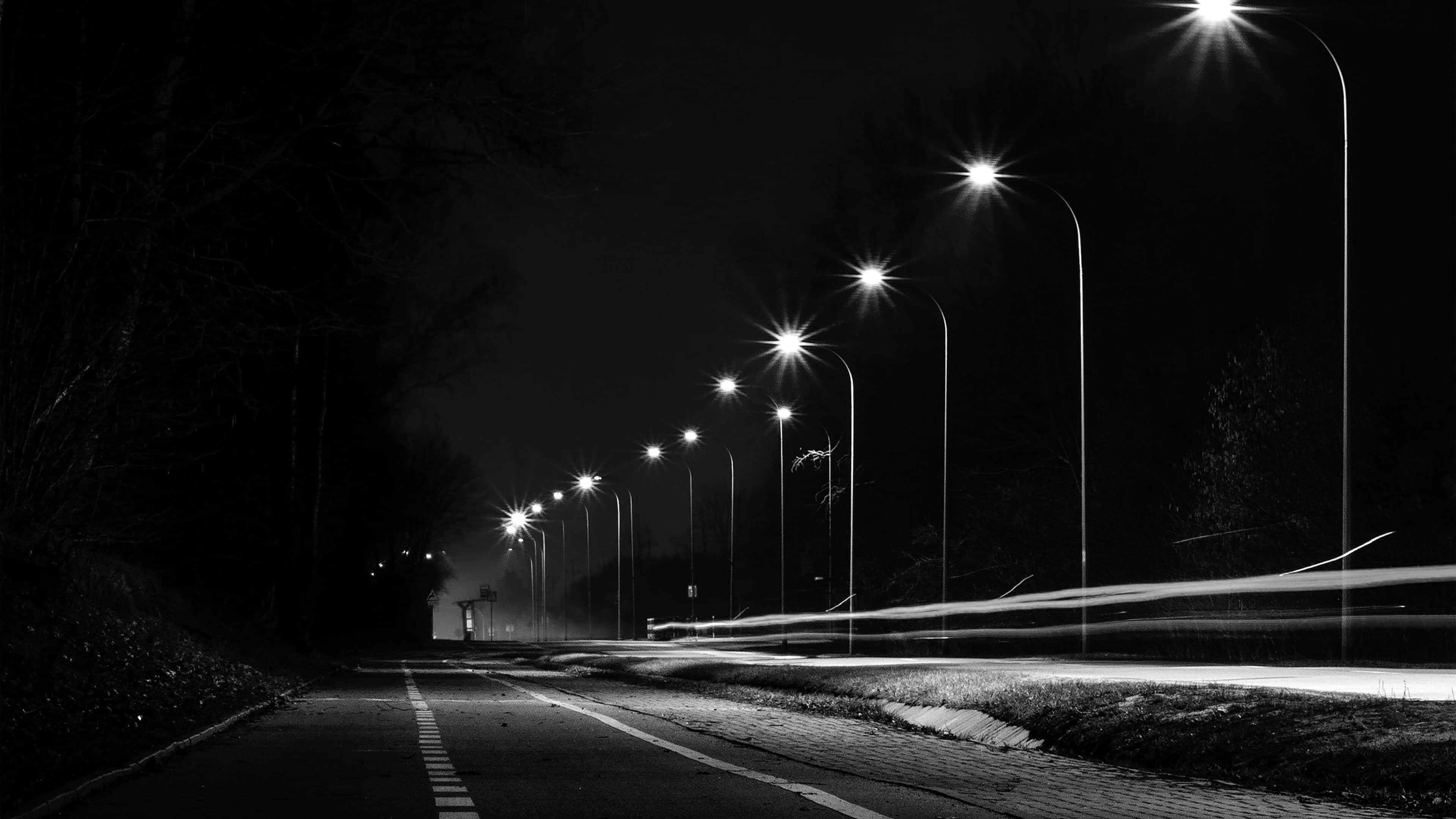 Dark City 4K, black and white night scene, deserted road, 4K Desktop Wallpaper