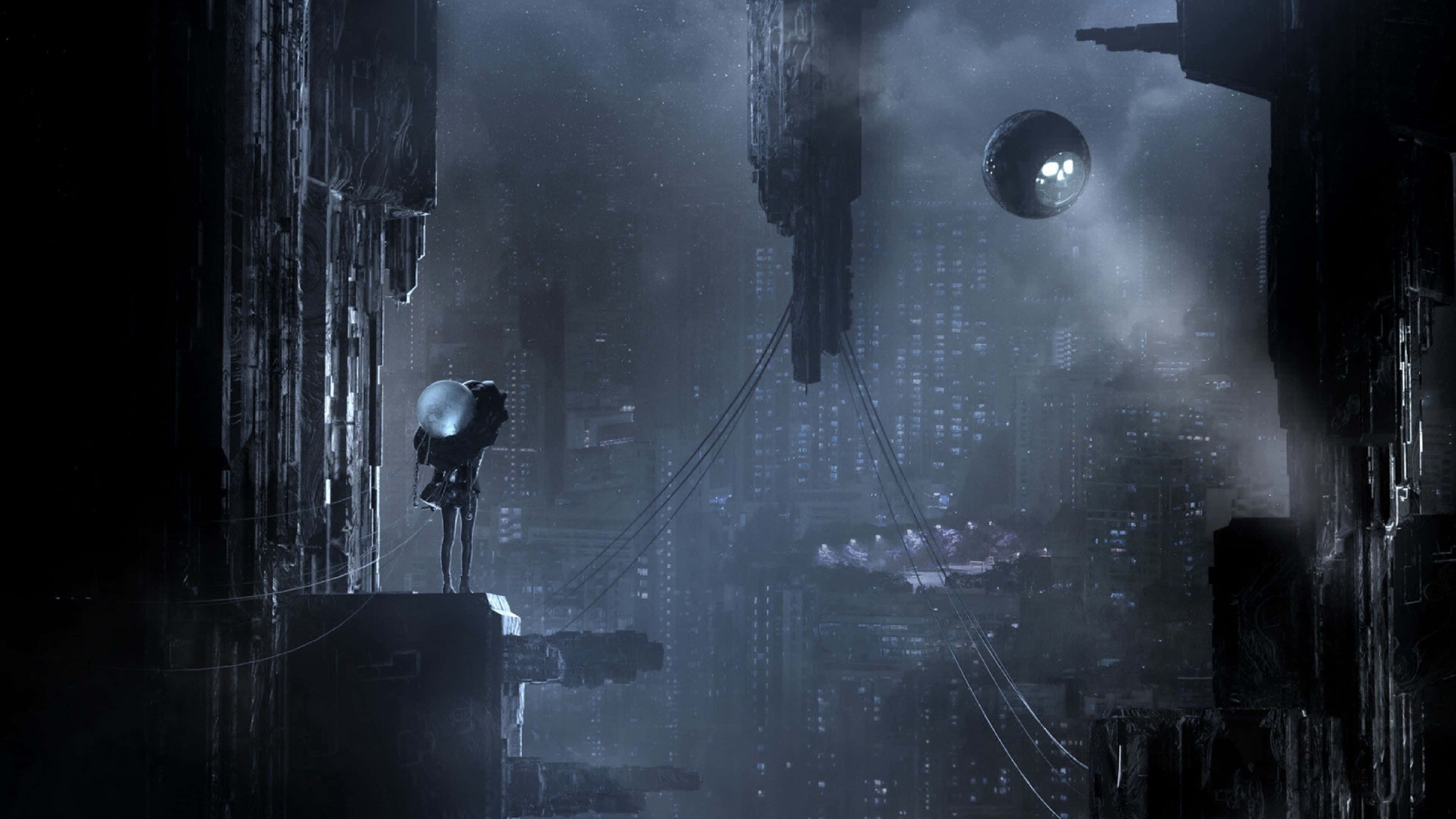 Dark City 4K, rooftop, misty futuristic cityscape, 4K Desktop Wallpaper