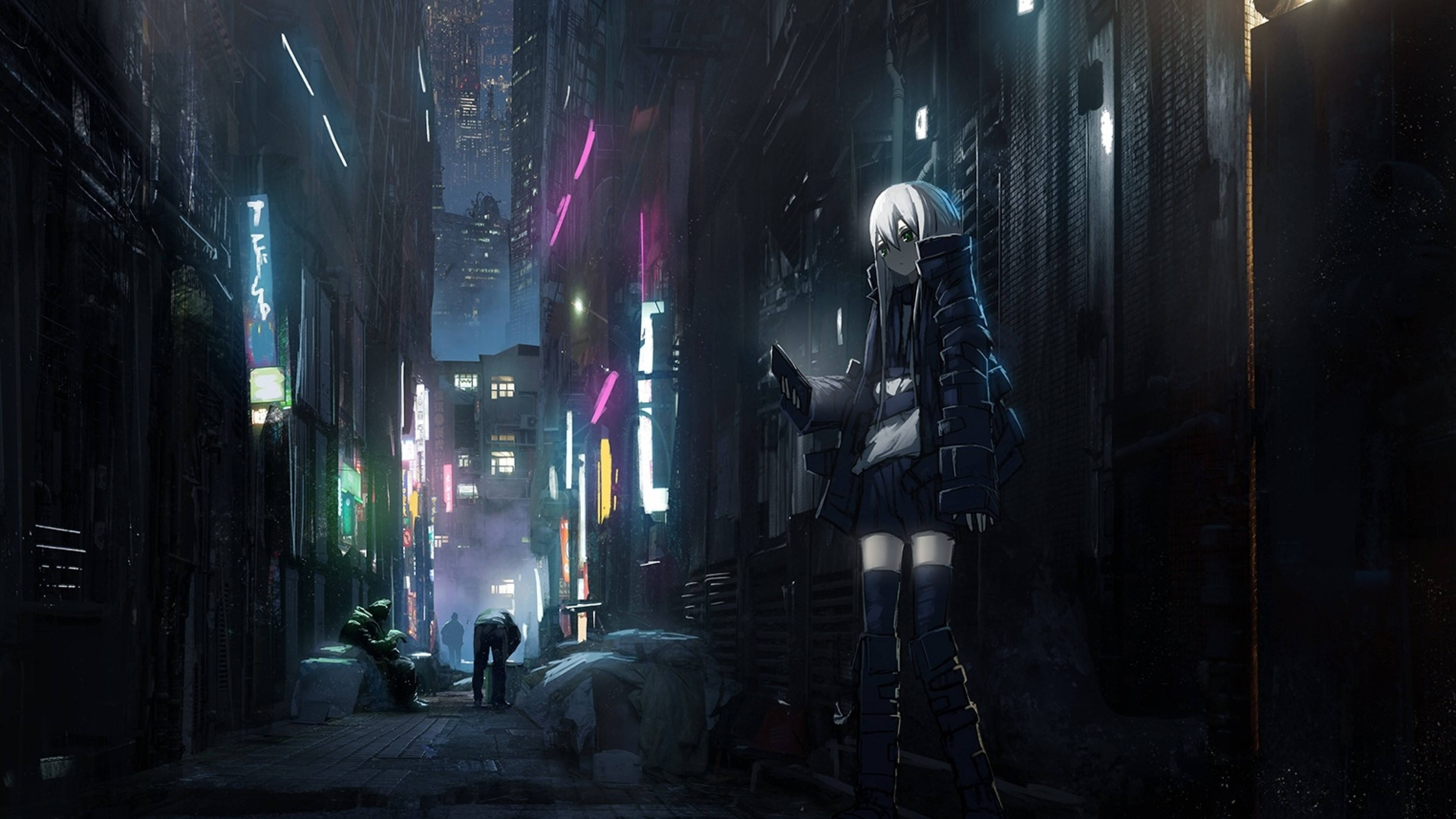 anime girl, white hair, neon-lit cyberpunk alleyway, 4K Desktop Wallpaper