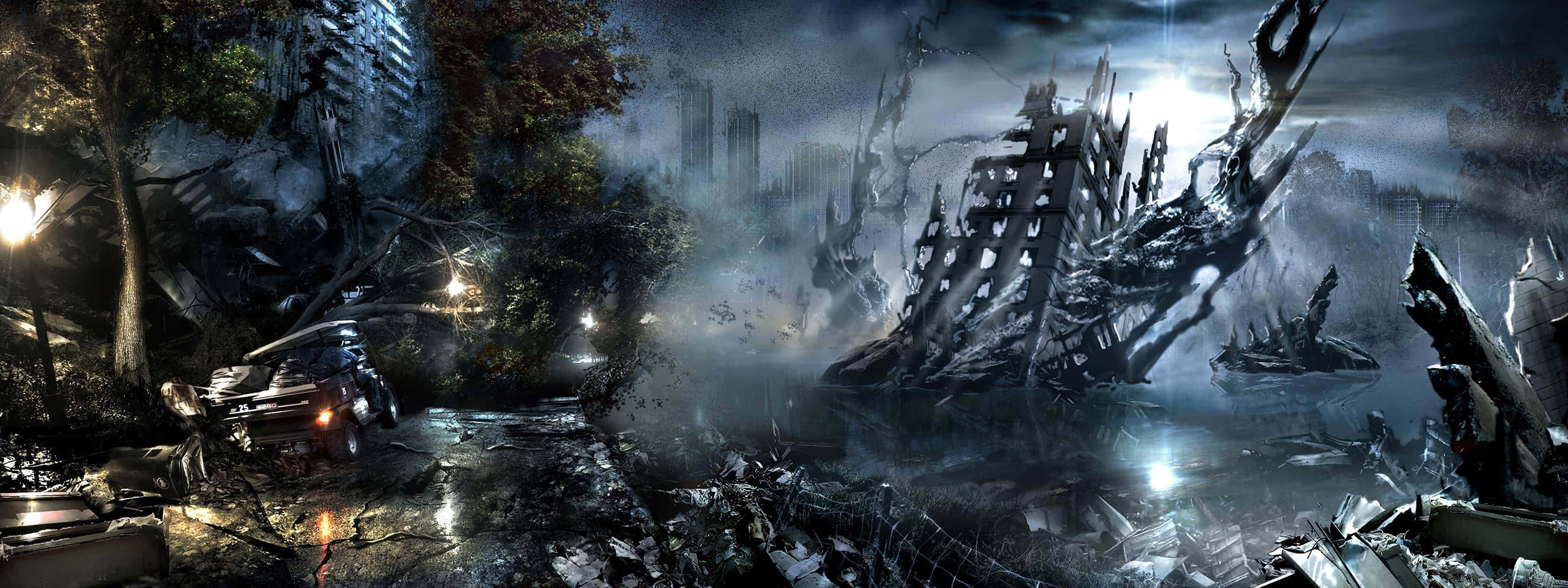 Dark City, night, glowing lights, 2K Desktop Wallpaper