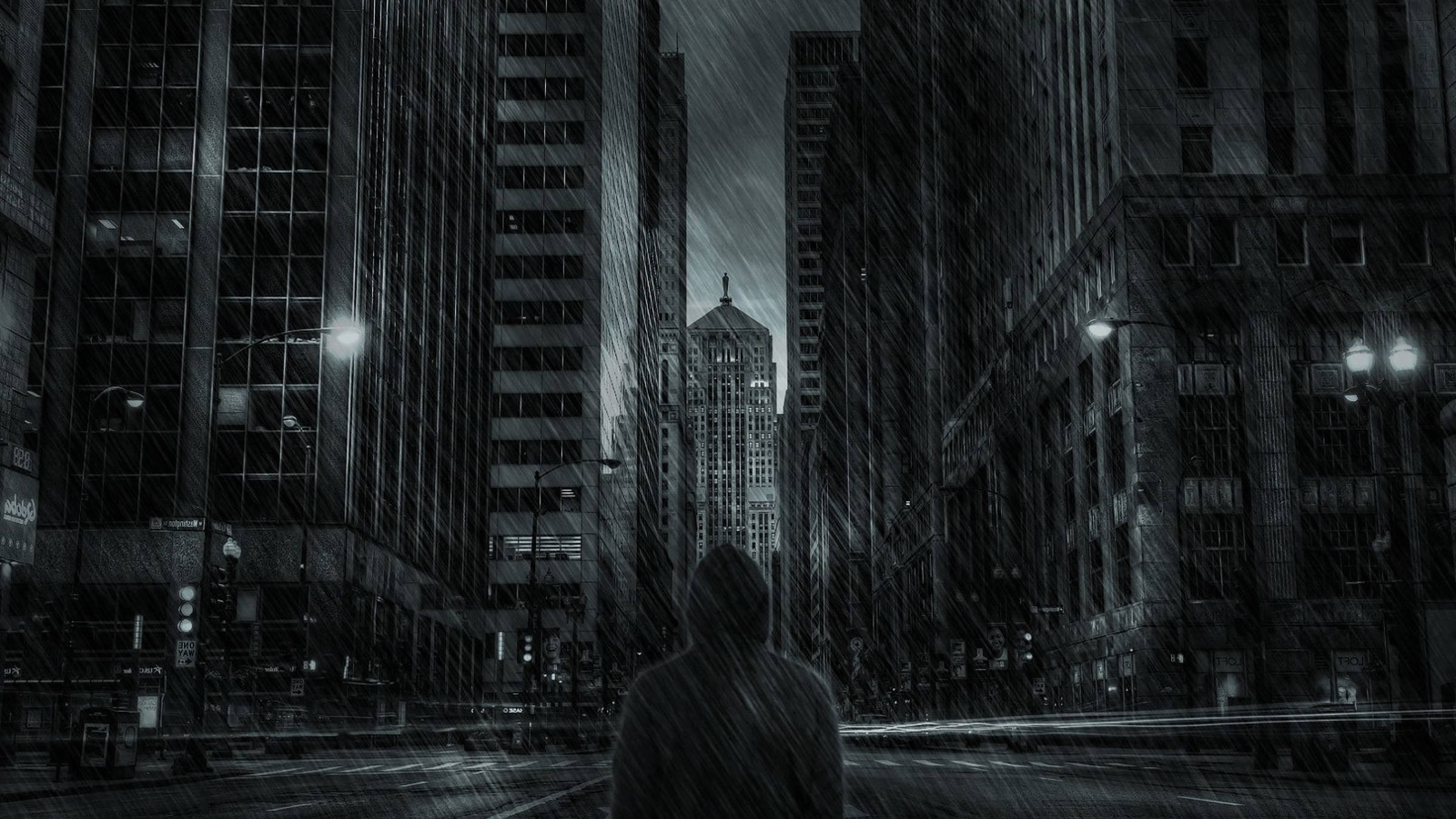 Dark City, hooded figure, rain-slicked city street, Full HD Desktop Wallpaper