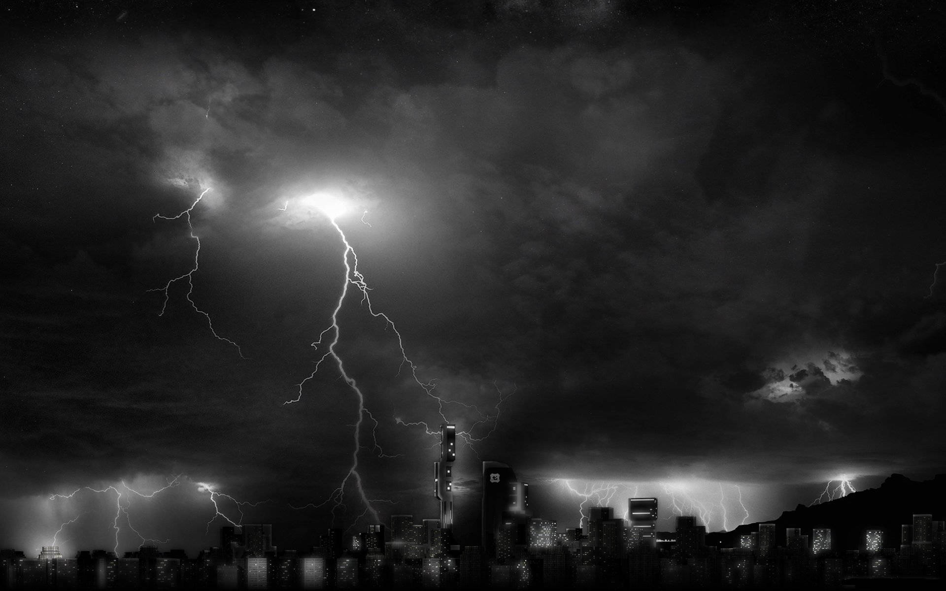 Dark City Thunder, black and white cityscape, lightning strikes, Full HD Desktop Wallpaper