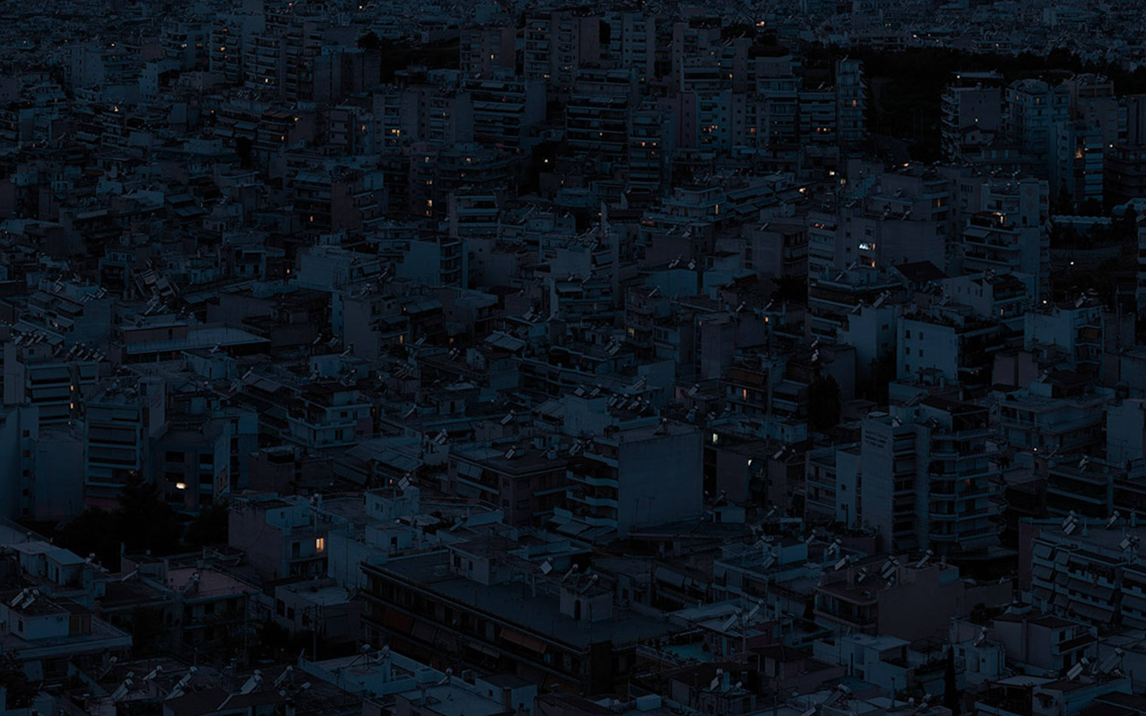 Dark city, dusk, warm lights, 4K Desktop Wallpaper