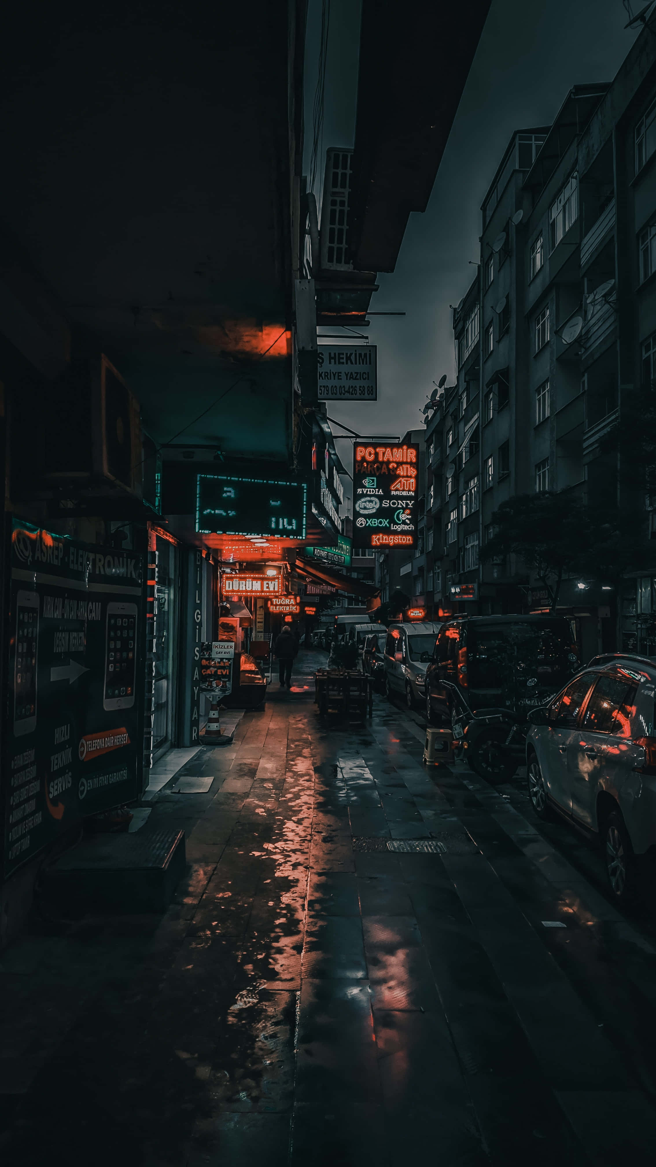 neon signs, rain-slicked urban alley, night, 4K Phone Wallpaper