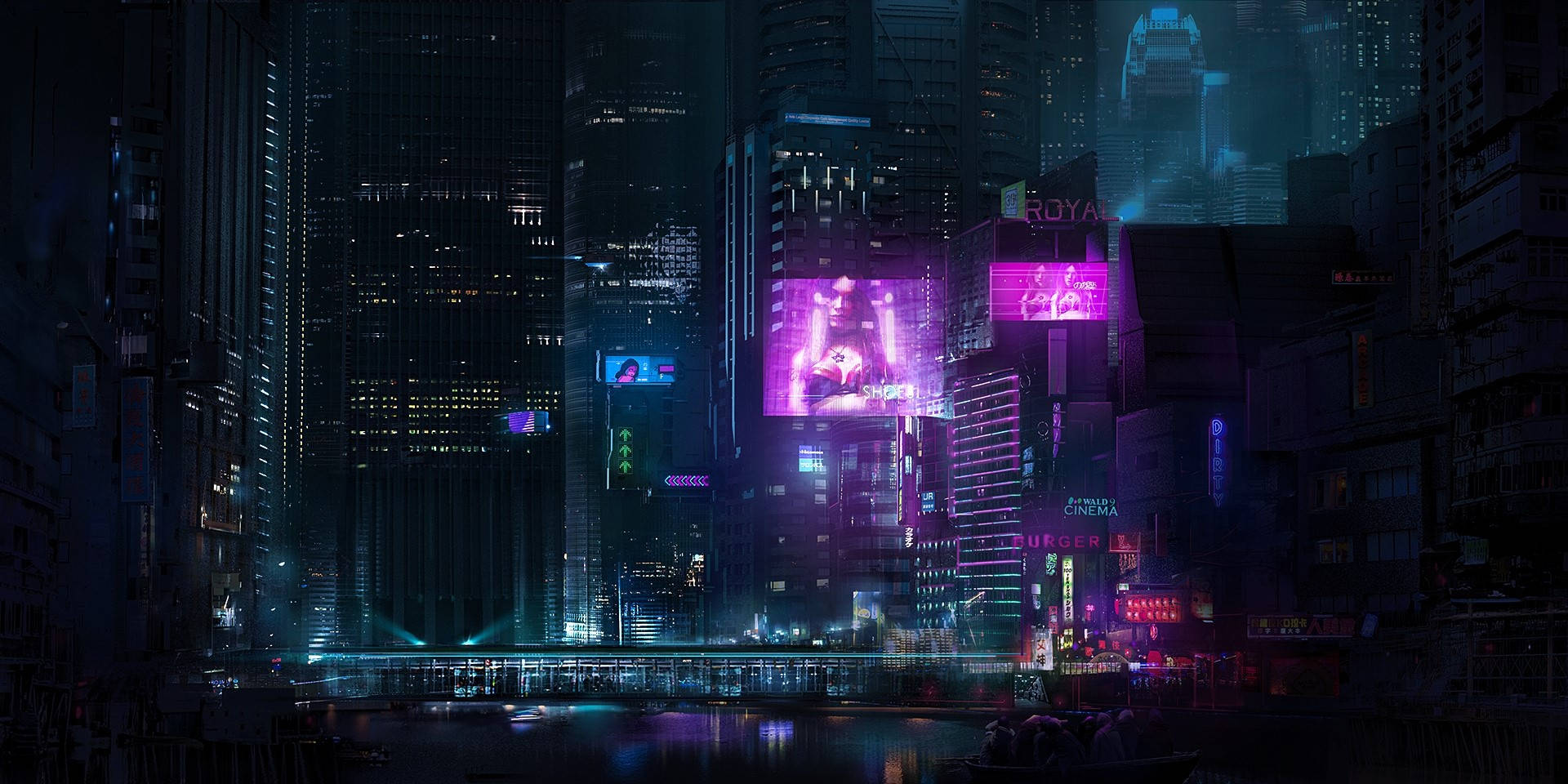 Dark Neon City, neon-drenched, cyberpunk cityscape, Full HD Desktop Wallpaper