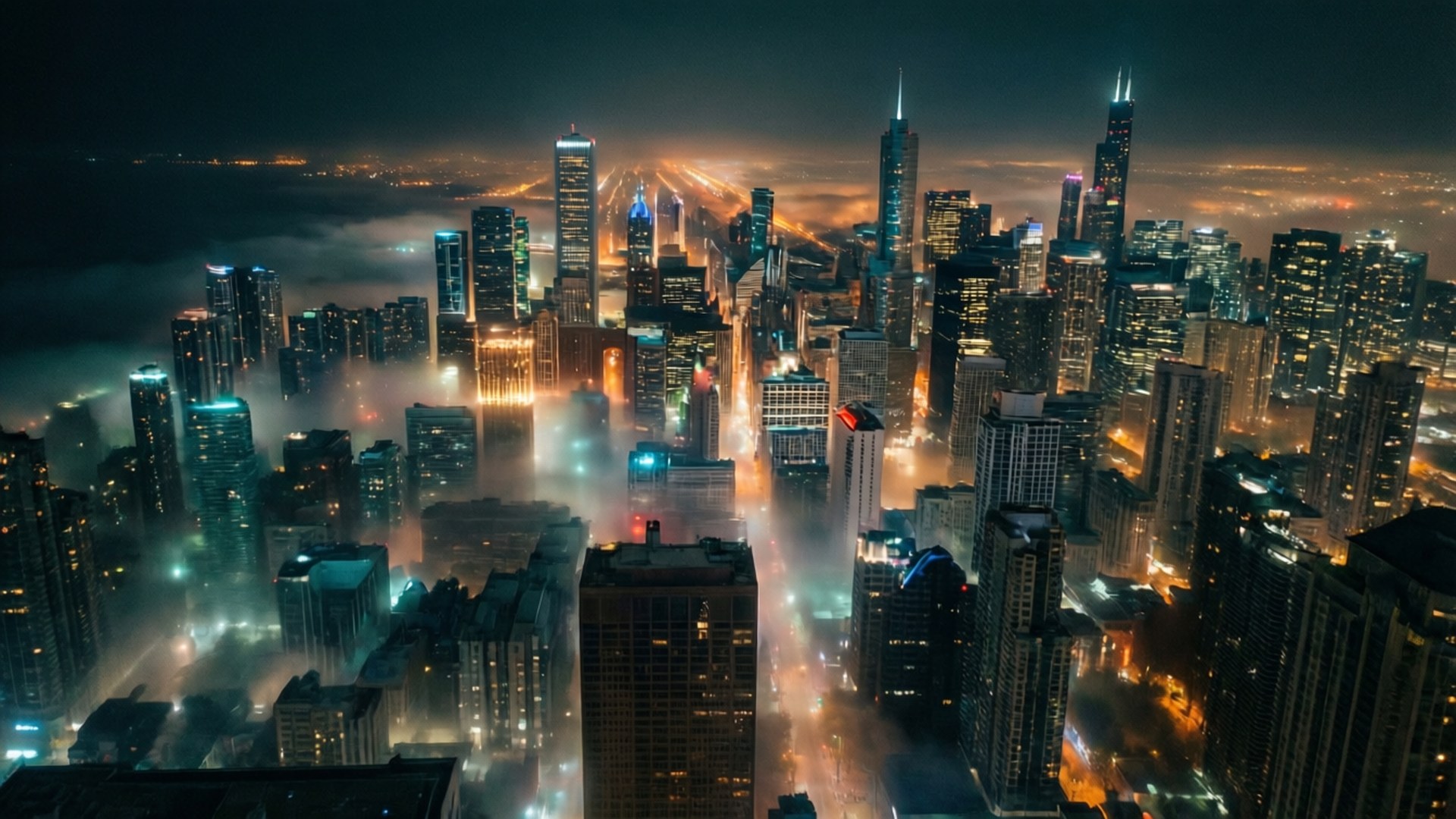 foggy city, aerial view, city skyline, Full HD Desktop Wallpaper