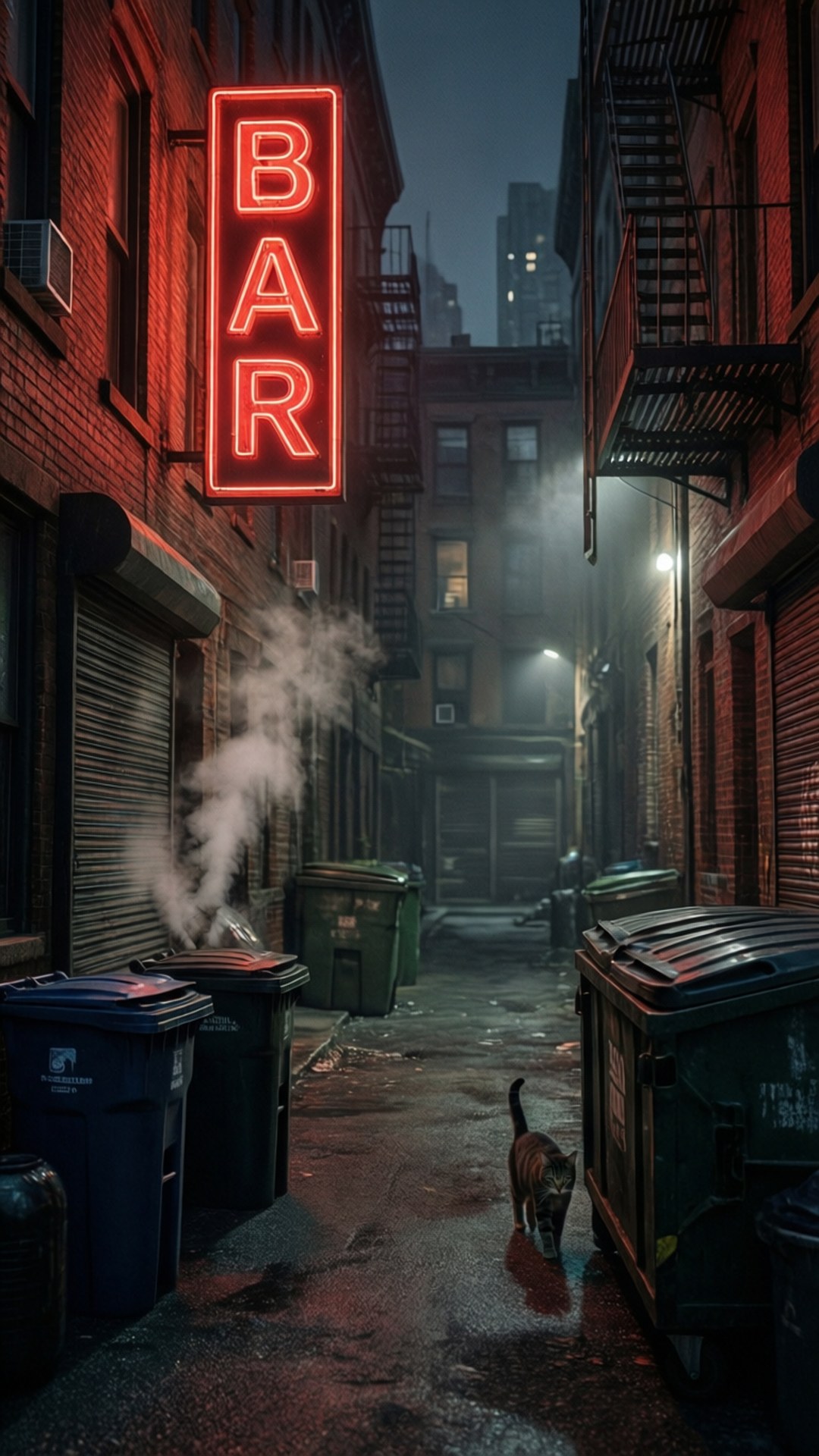 alley, night, glowing red bar sign, Full HD Phone Wallpaper