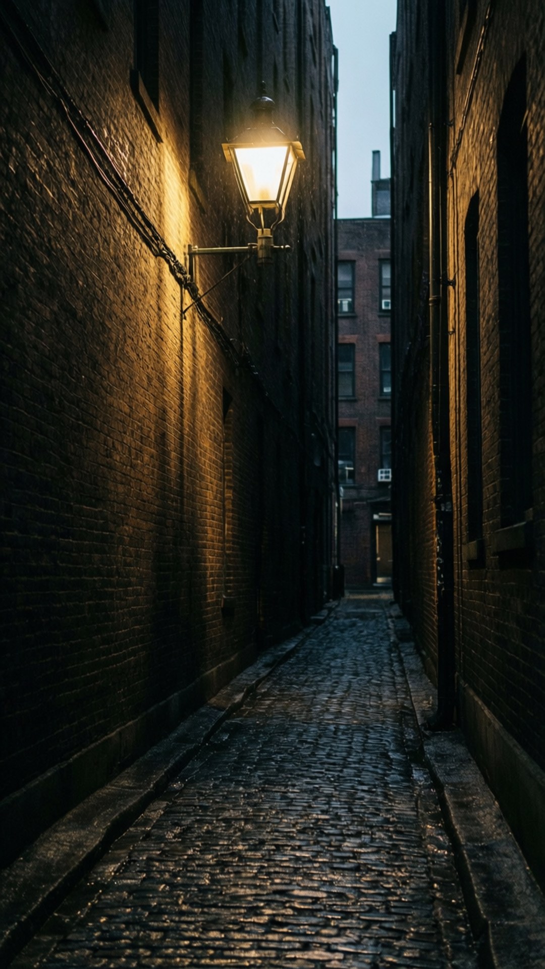 noir alleyway, streetlamp, cobblestone alley, Full HD Phone Wallpaper