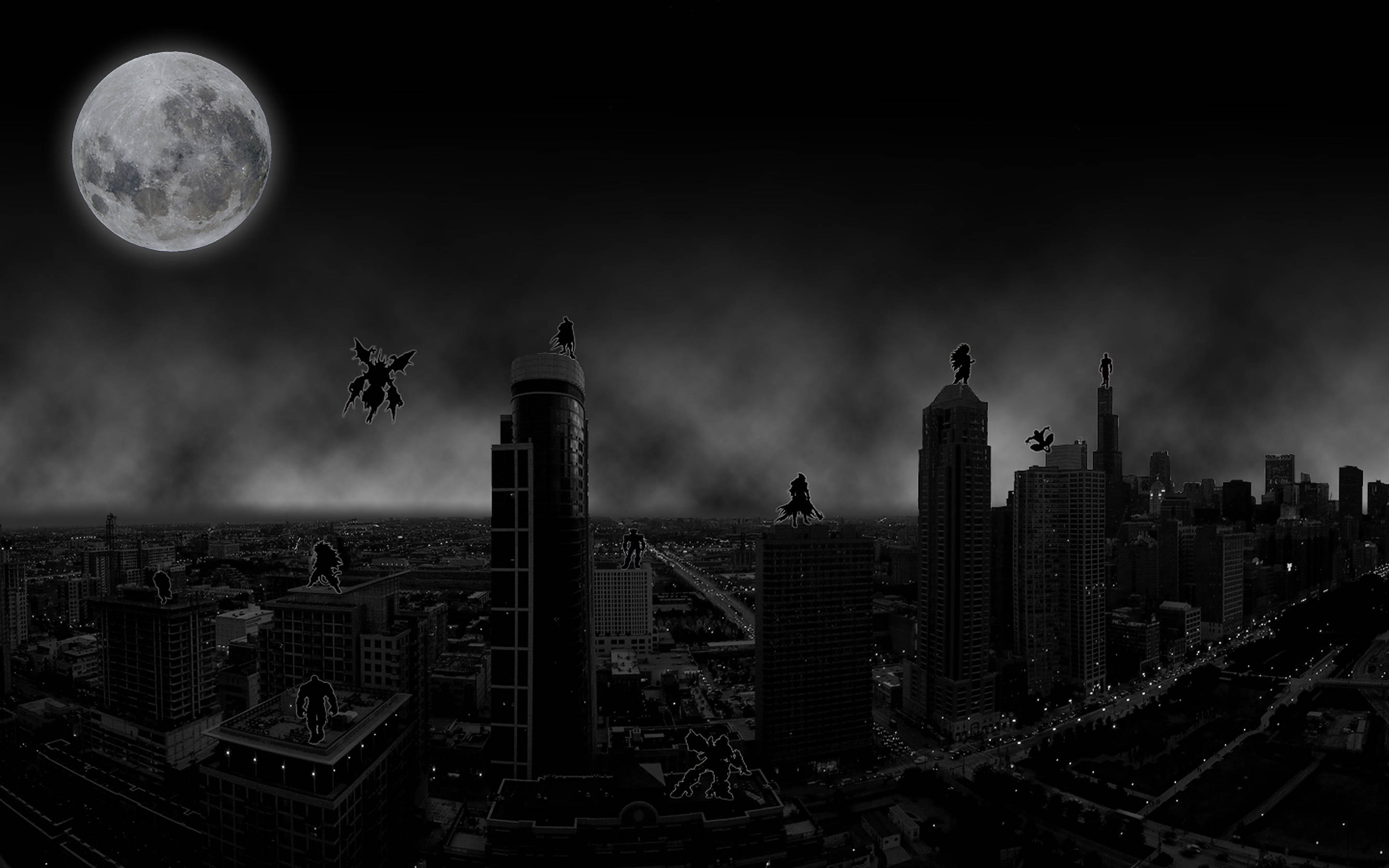 Dark city, moon, full moon, 2K Desktop Wallpaper
