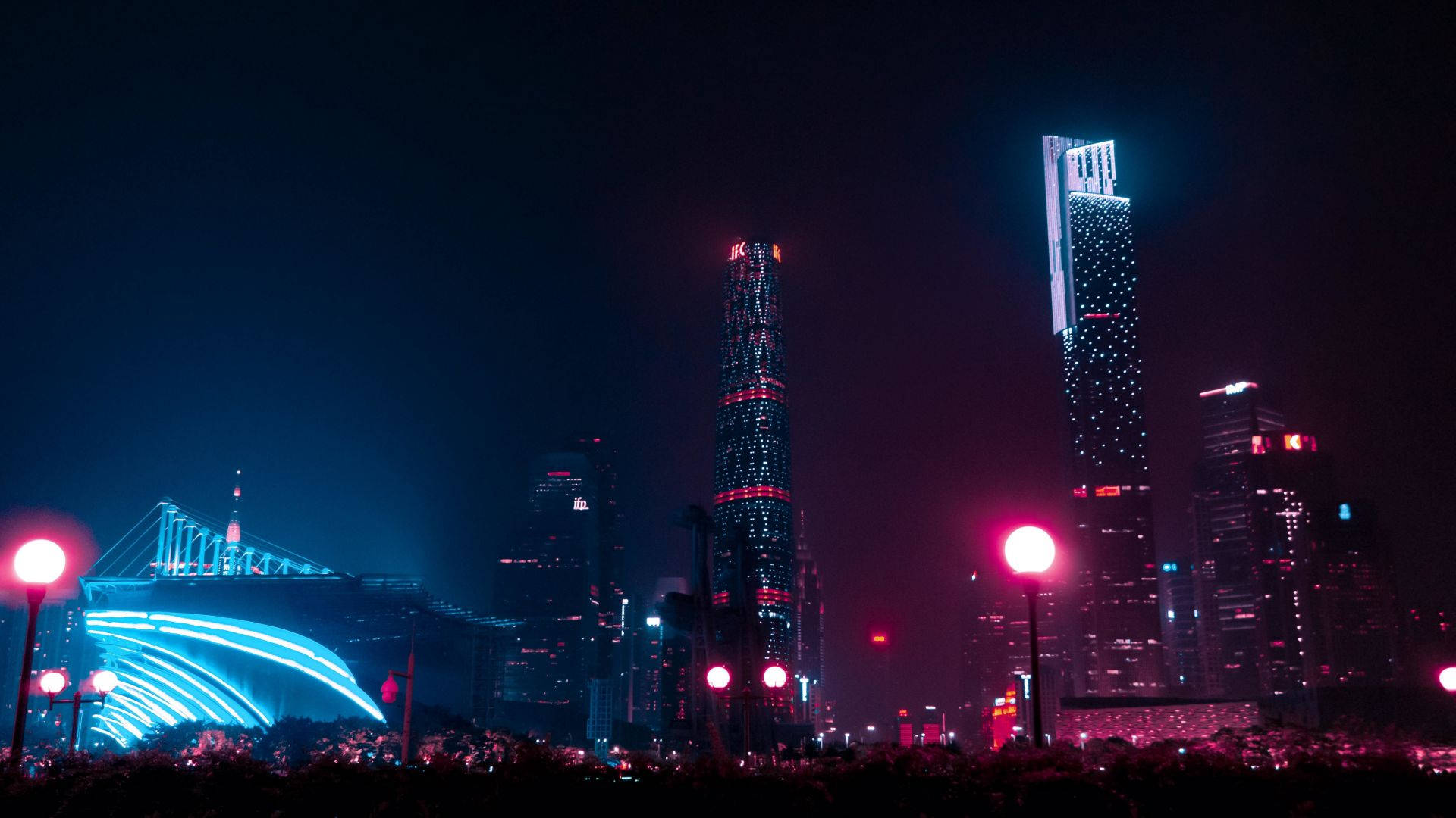 Dark city, pink, blue, Full HD Desktop Wallpaper