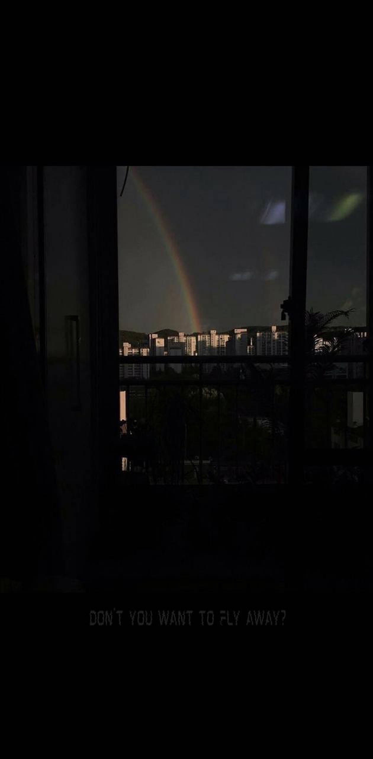 rainbow, city skyline, dark window, 2K Phone Wallpaper