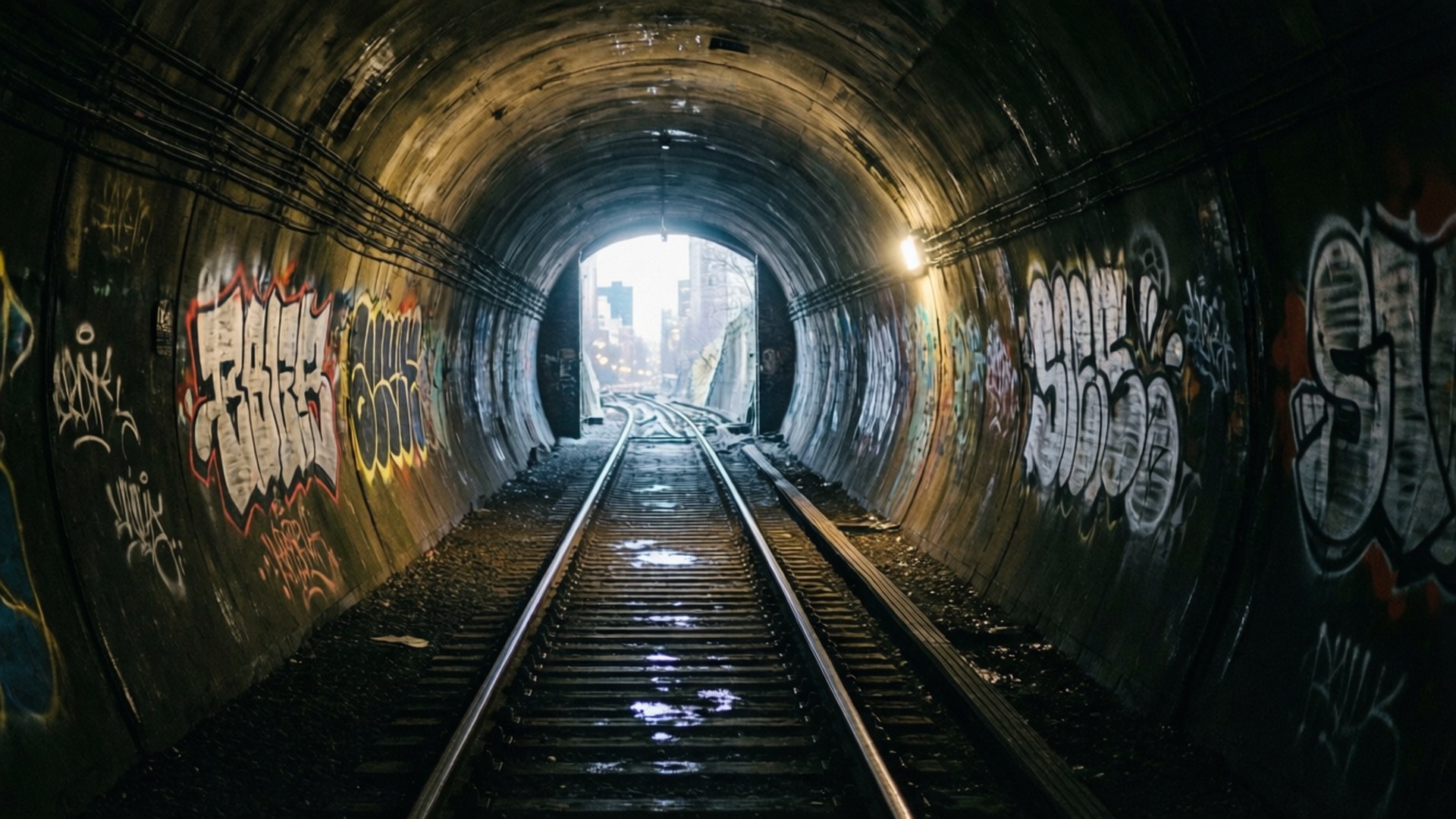subway tunnel, graffiti-covered, wet train tracks, Full HD Desktop Wallpaper