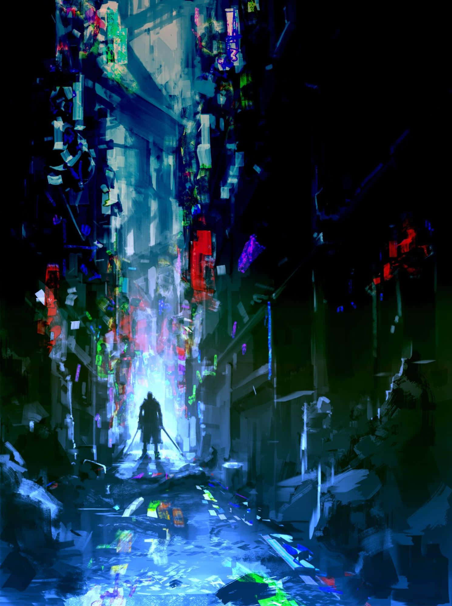 neon-drenched cyberpunk alley, lone figure, towering buildings, Full HD Phone Wallpaper