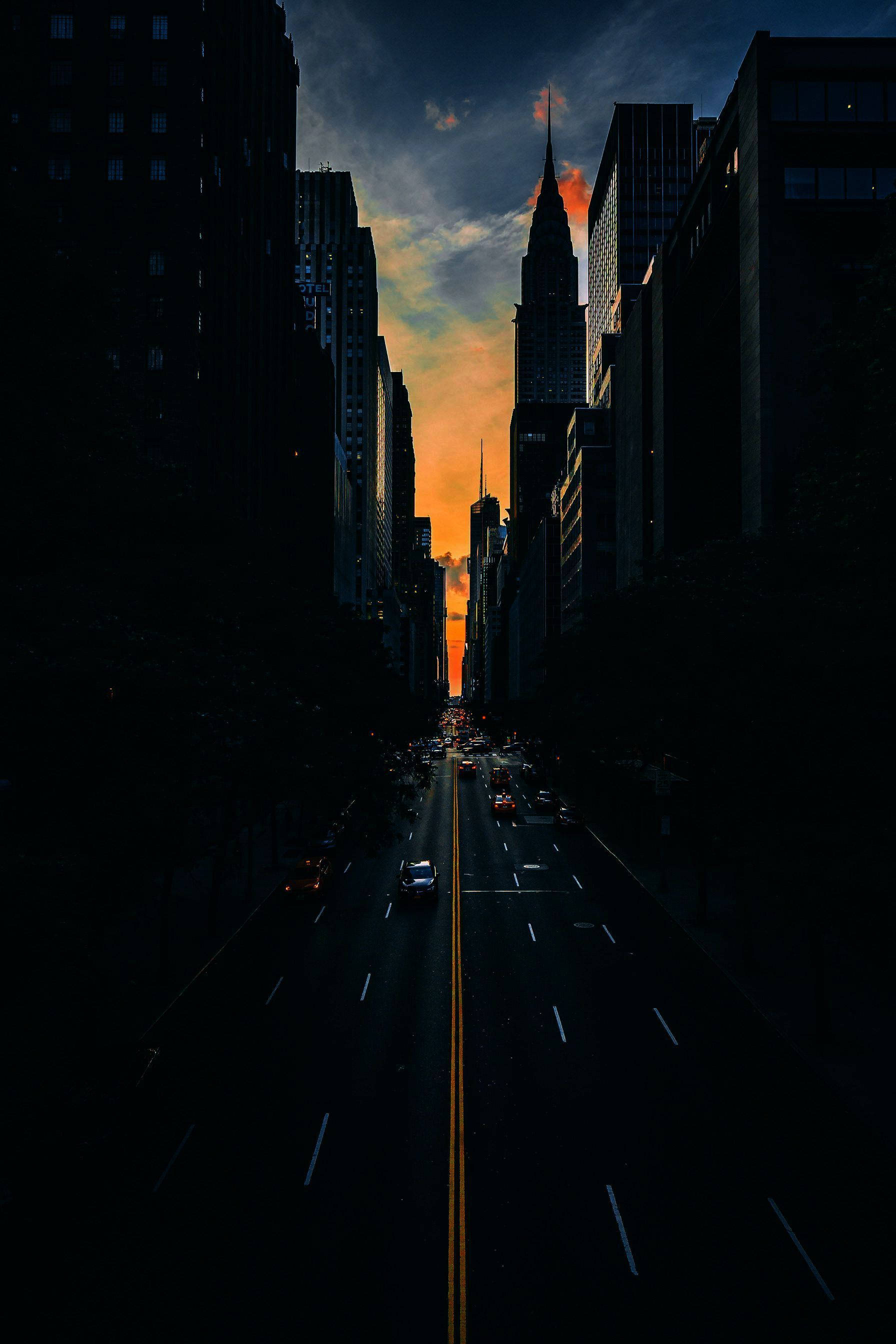 Dark city, sunset, urban canyon, 2K Phone Wallpaper