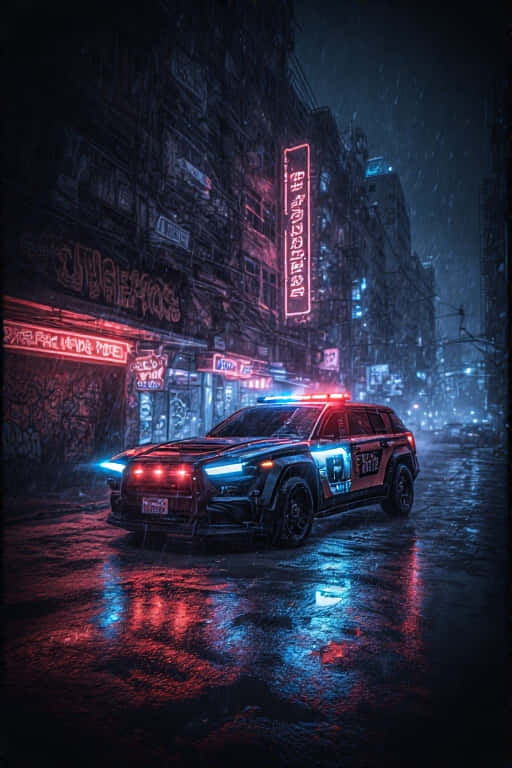futuristic police SUV, flashing blue and red lights, neon-lit urban alley, SD Phone Wallpaper