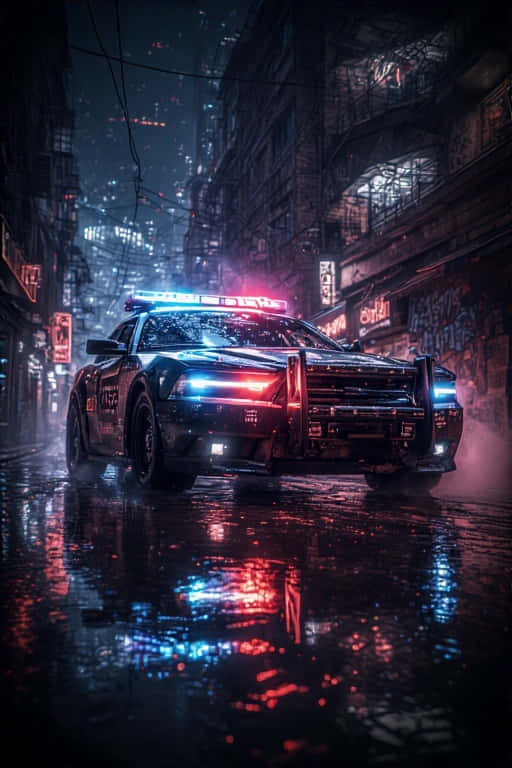 futuristic police car, neon lit urban alley, rain soaked, SD Phone Wallpaper