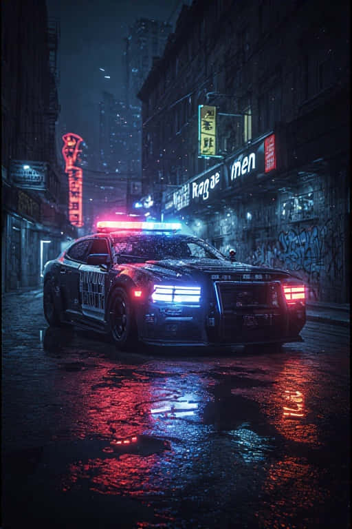 futuristic police car, neon lit urban alley, rain soaked, SD Phone Wallpaper