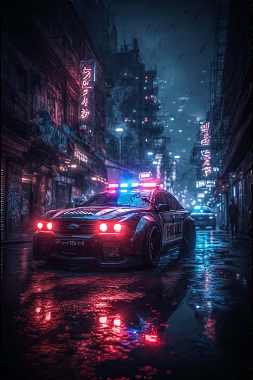 futuristic police car, neon lit alleyway, flashing red and blue lights, SD Phone Wallpaper