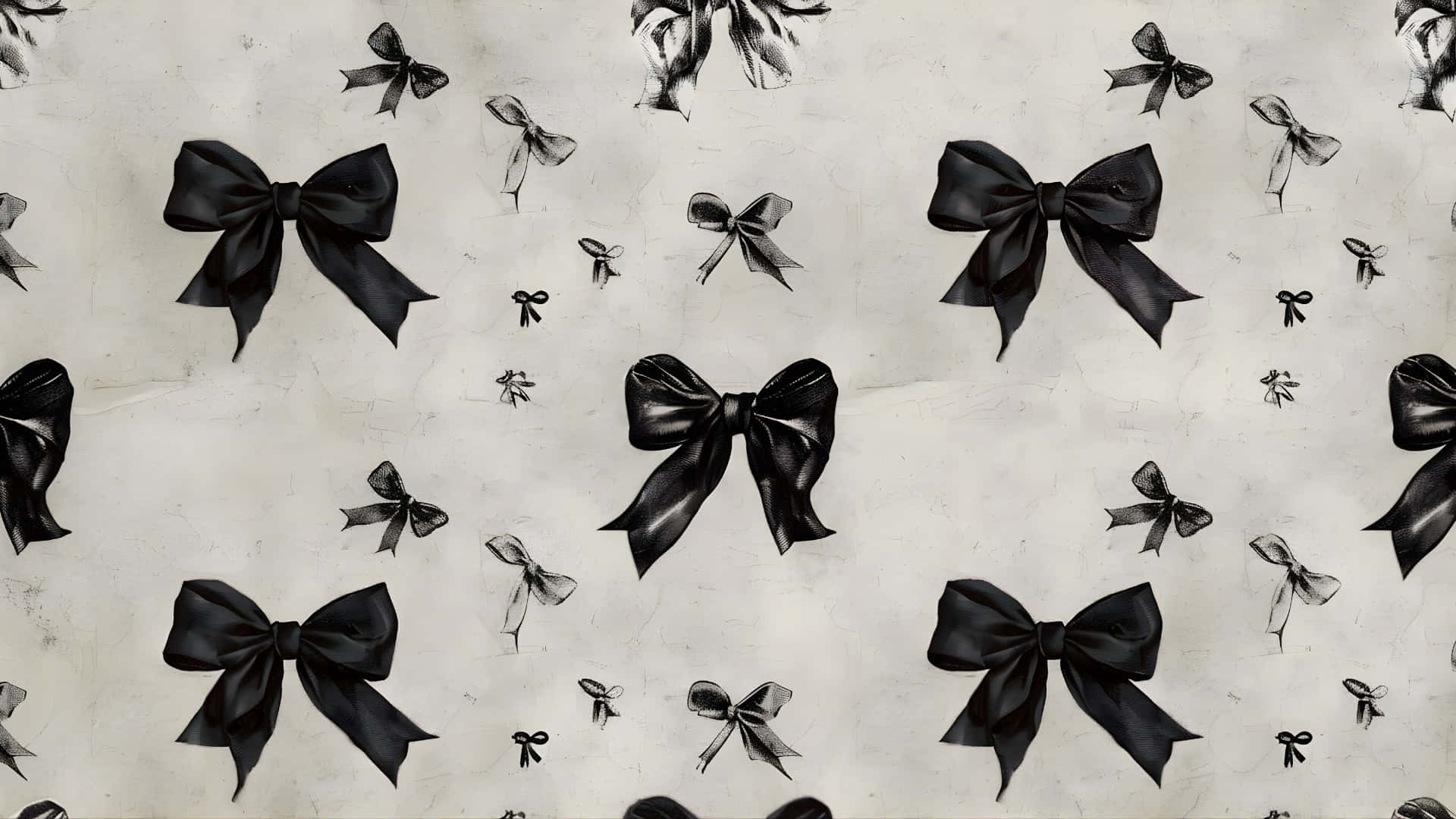 Dark Coquette Bows Pattern, black satin bows, textured off-white background, Full HD Desktop Wallpaper