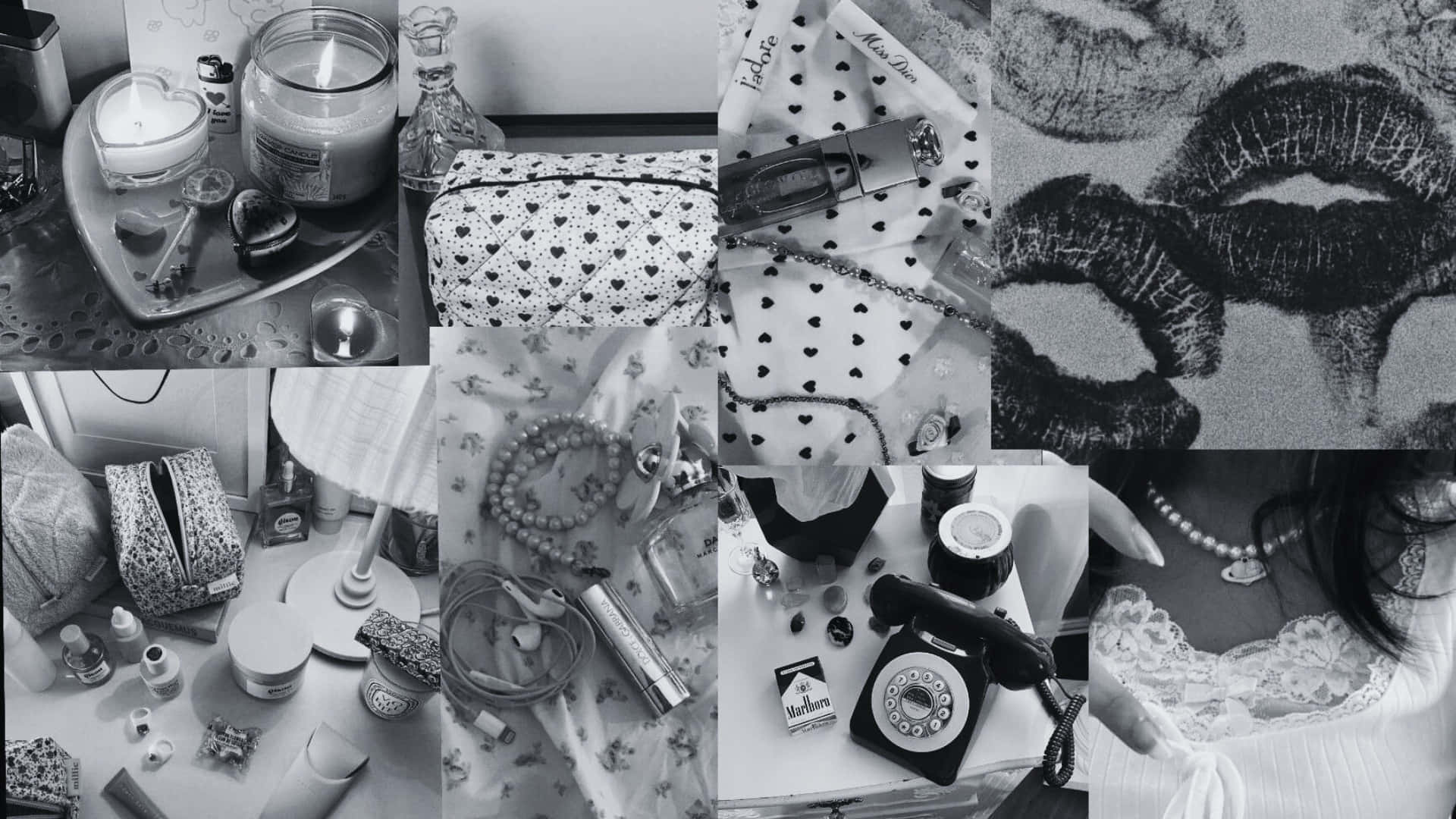 Dark Coquette Vibes, black and white collage, vintage personal items, Full HD Desktop Wallpaper