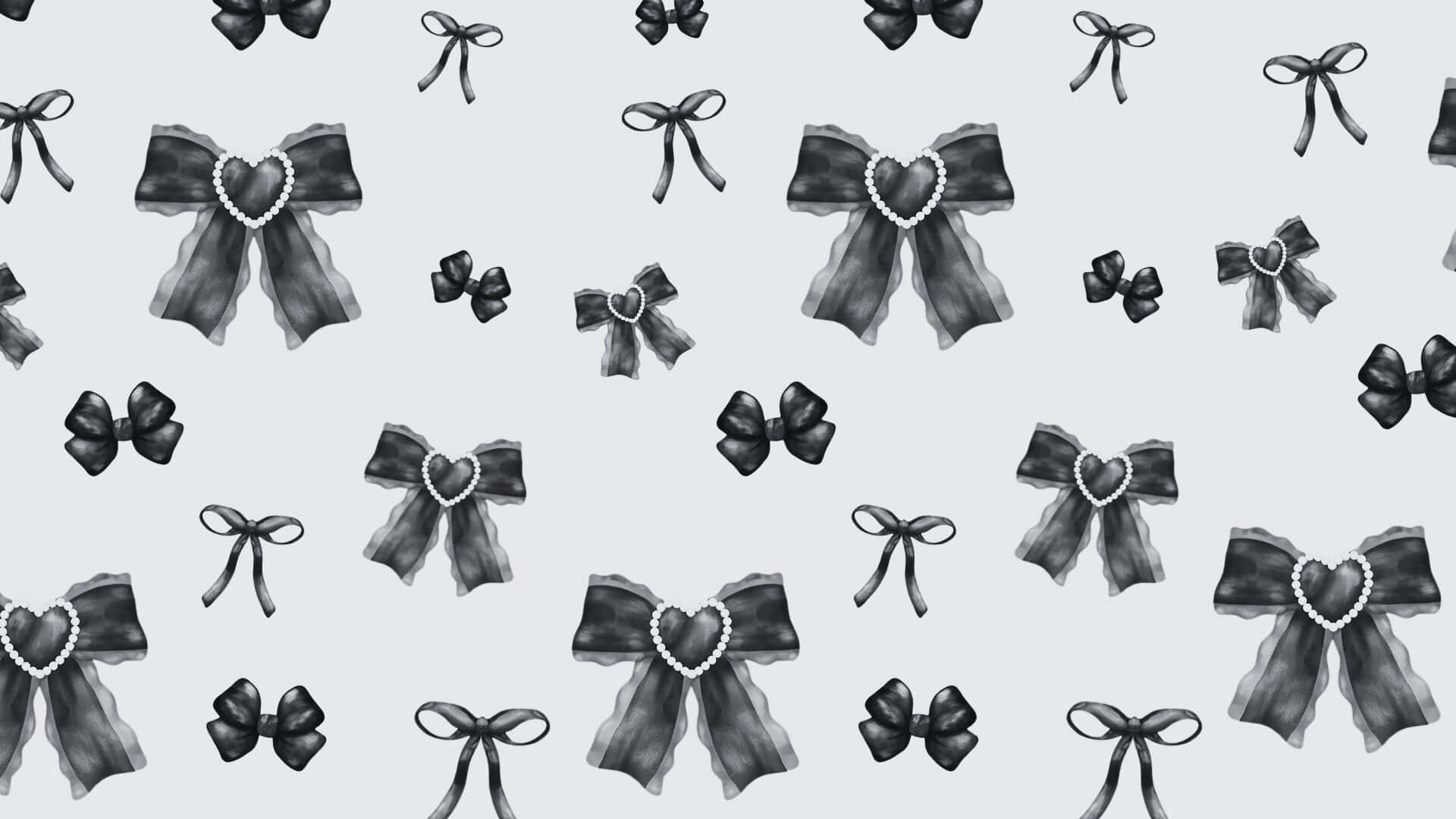 Dark Coquette Bow Pattern, black bows, heart-shaped pearl centers, Full HD Desktop Wallpaper