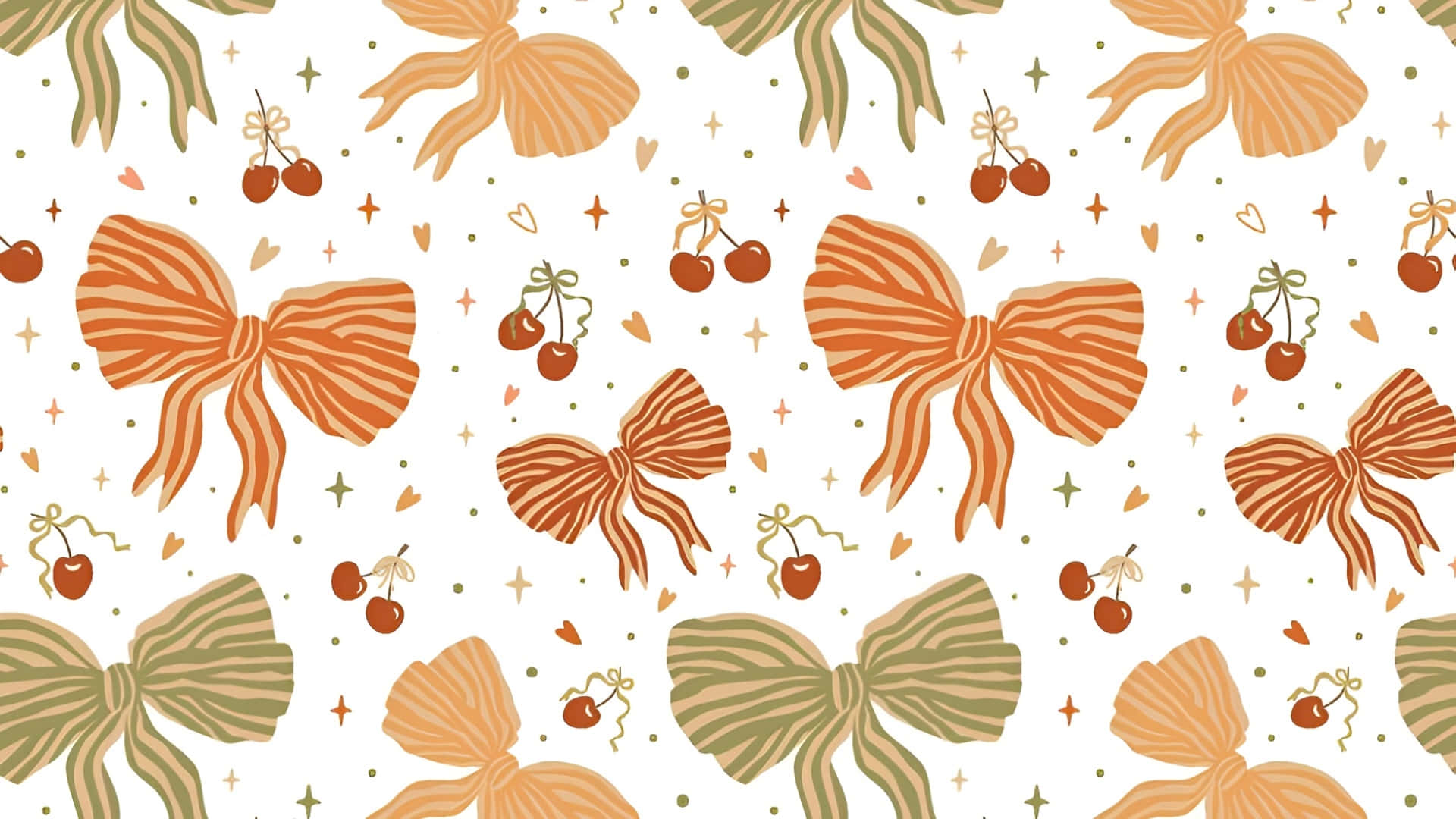 Coquette Cherry Pattern, striped orange and olive bows, cherry clusters, Full HD Desktop Wallpaper
