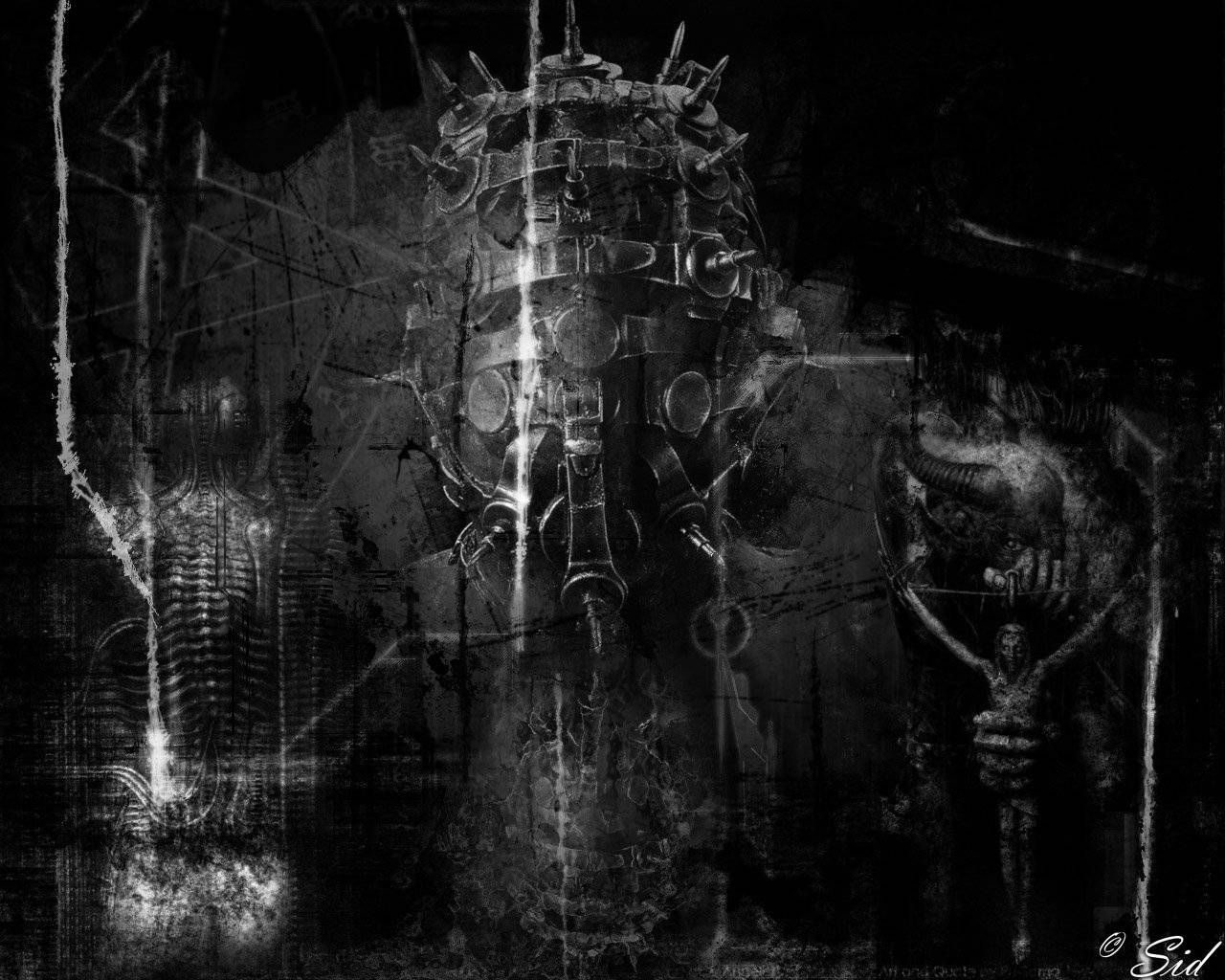 grunge metal gothic, spiked mechanical head, glowing eyes, HD Desktop Wallpaper