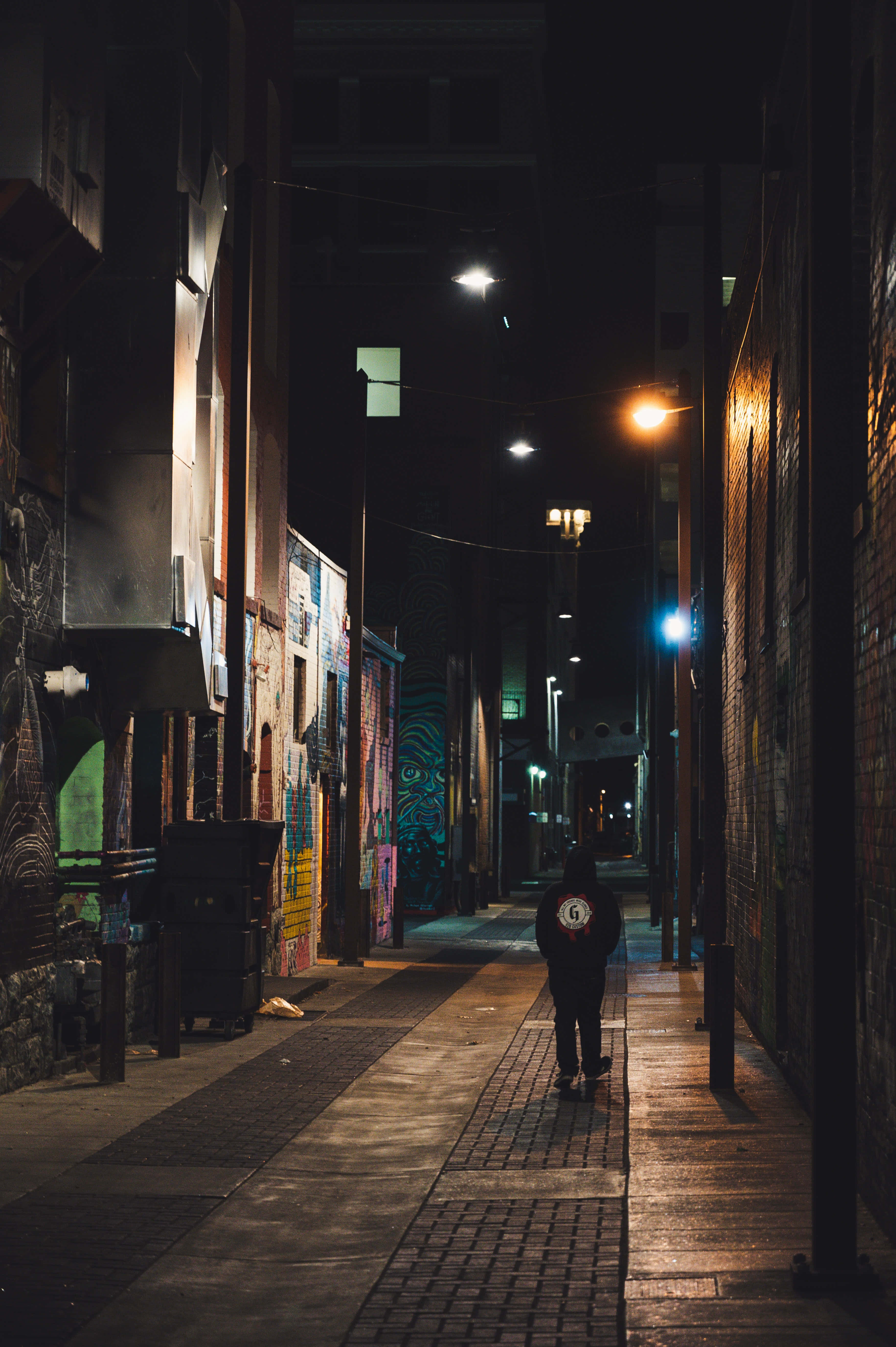 dark alleyway, night, streetlights, 5K Phone Wallpaper