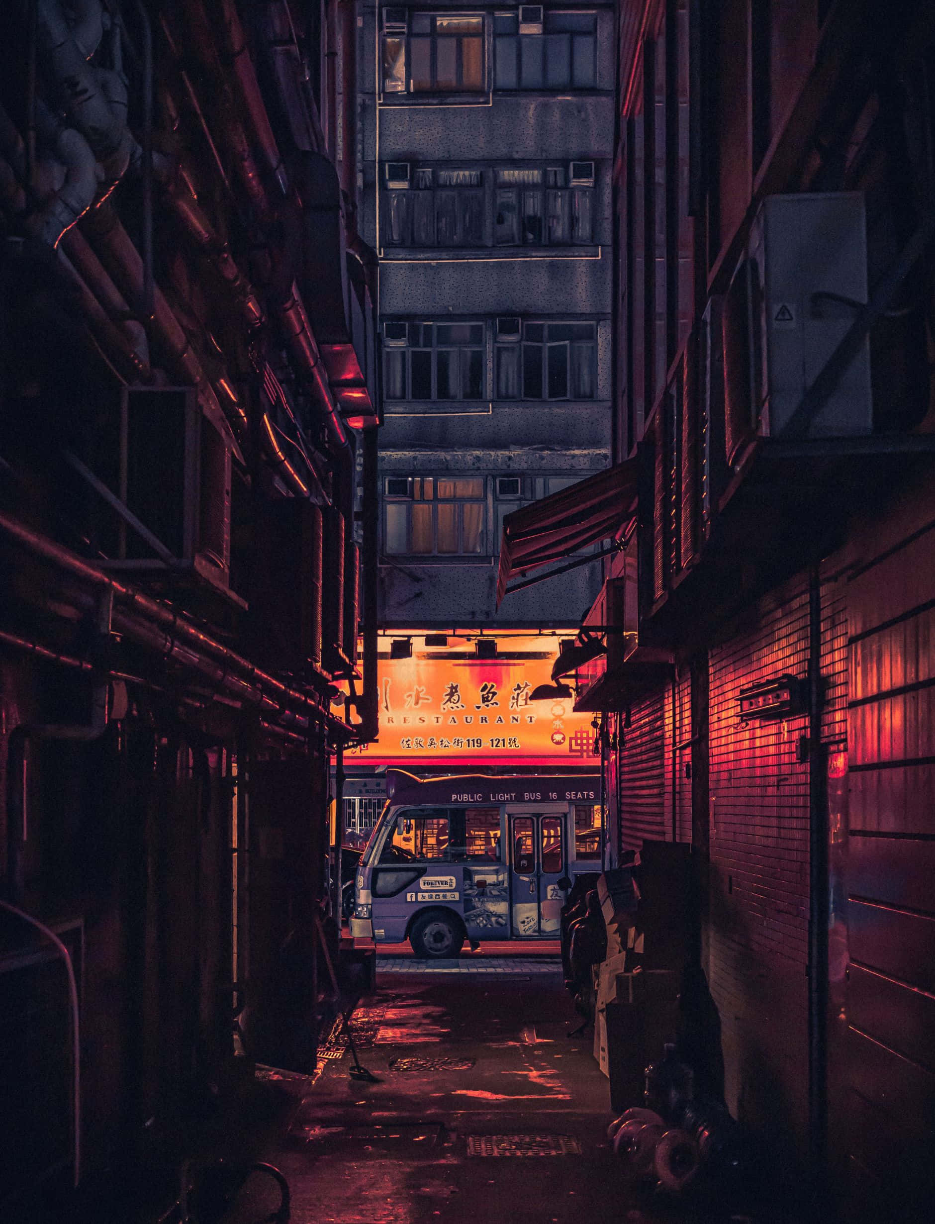dark alleyway, deep red neon light, public bus, Full HD Phone Wallpaper