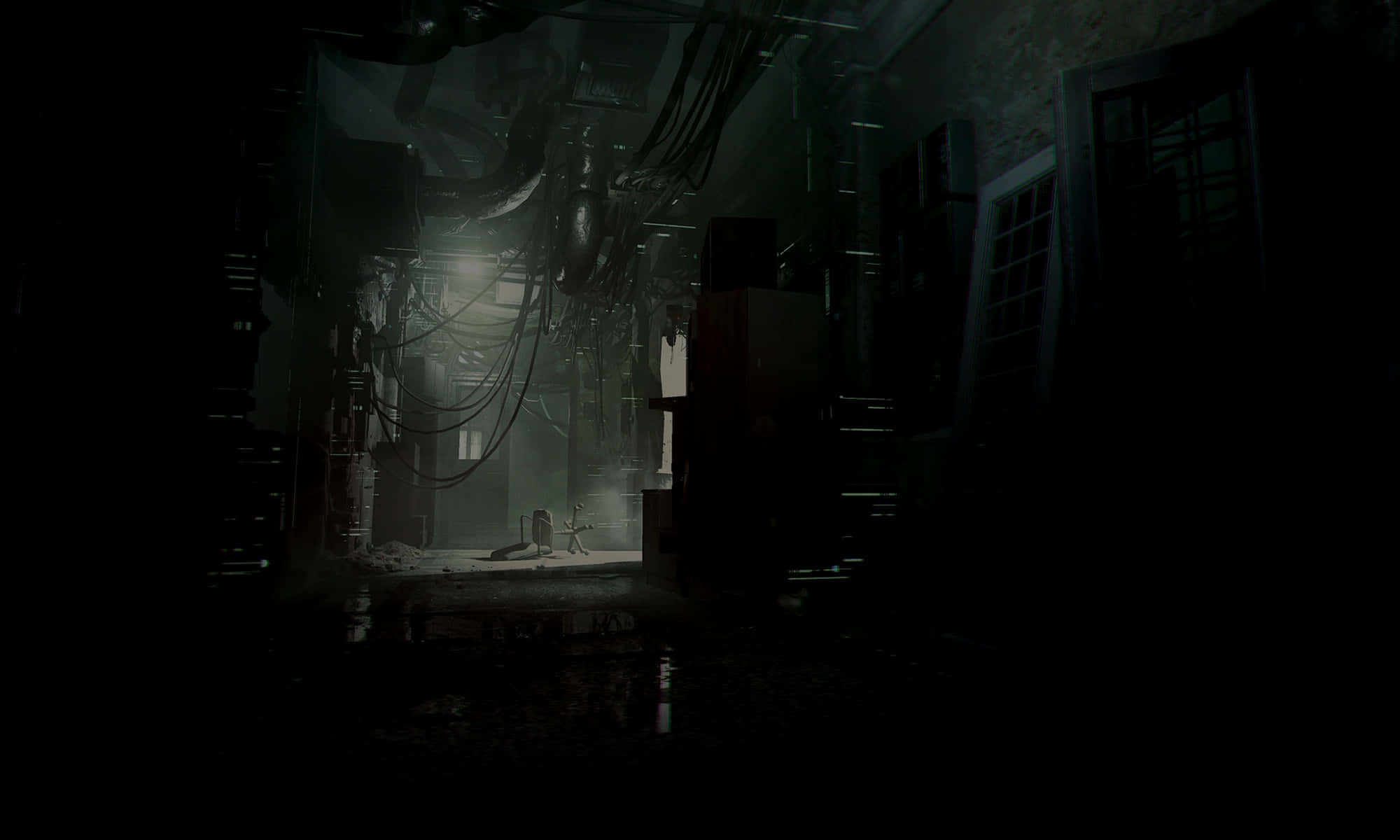 Dark Corner, abandoned industrial room, tangled wires, Full HD Desktop Wallpaper