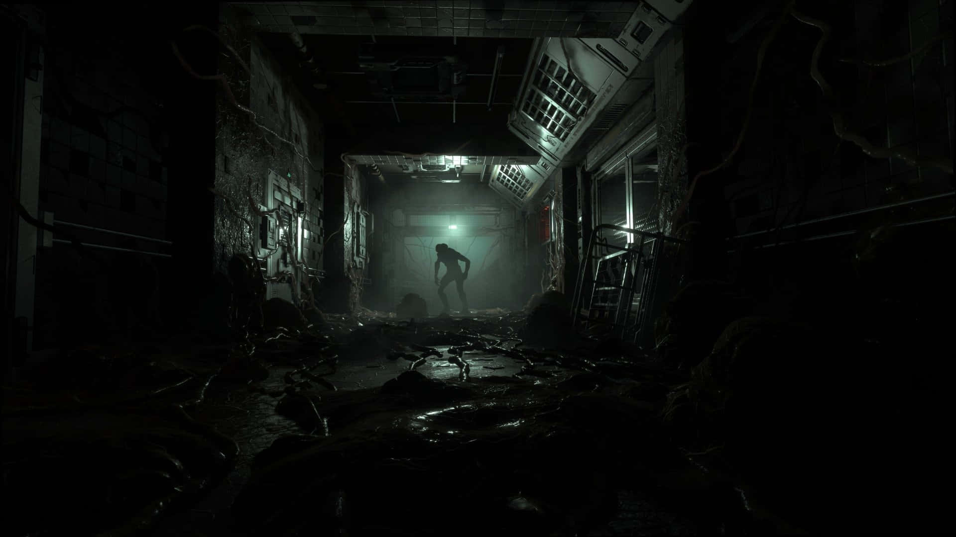 Dark Corner, dark abandoned corridor, broken walls, Full HD Desktop Wallpaper