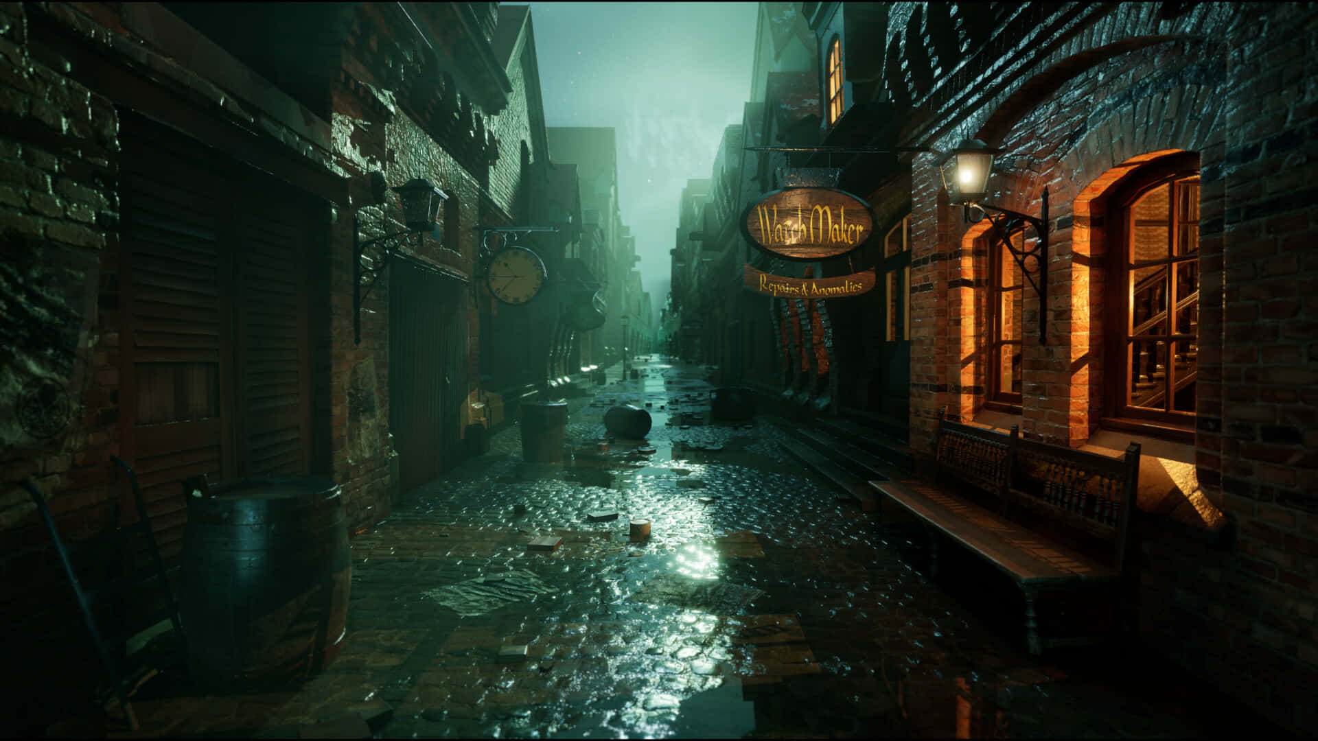 dark alleyway, night, misty rainy, Full HD Desktop Wallpaper