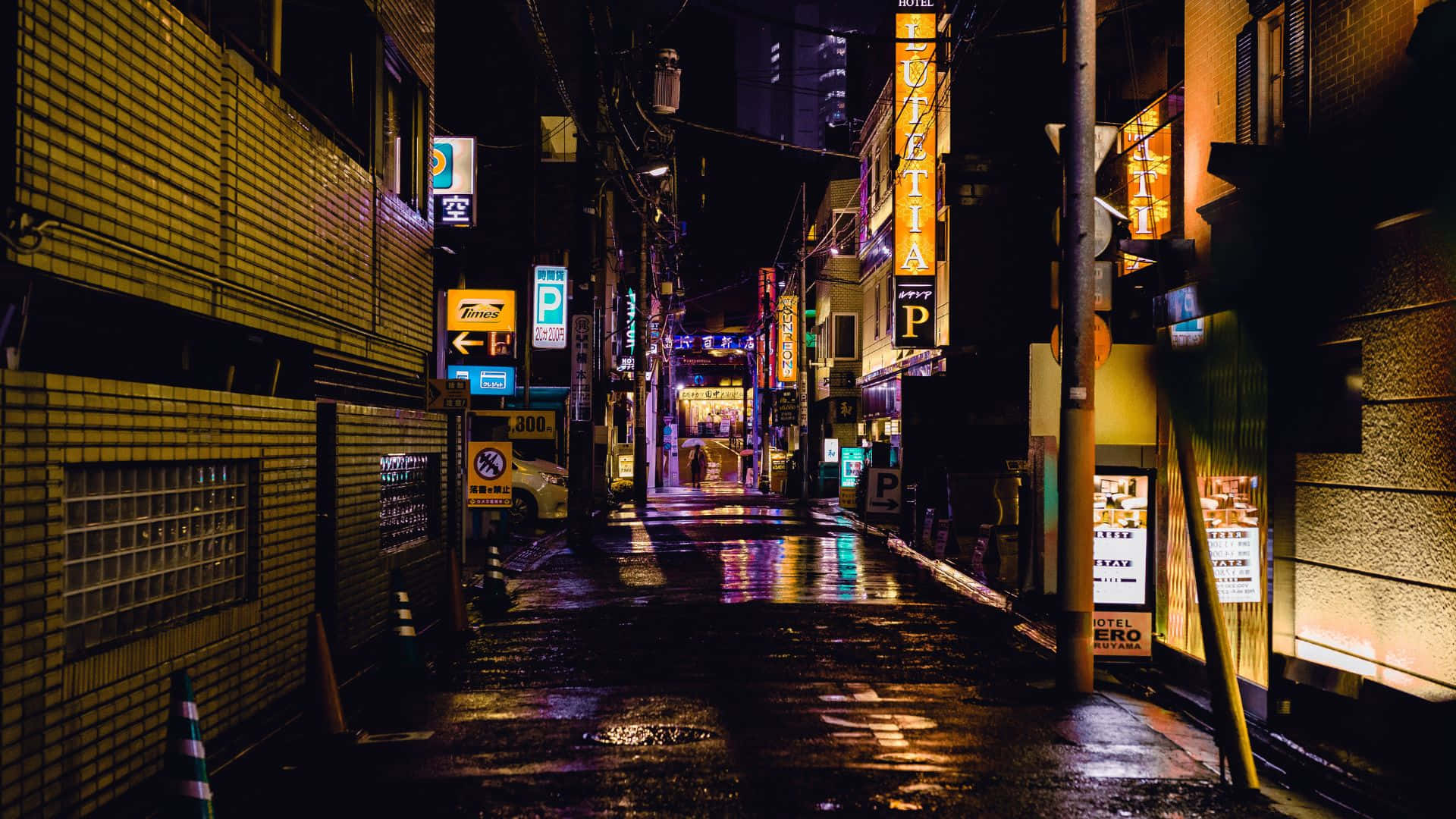 neon-lit alleyway, rain-slicked wet pavement, Japanese city, Full HD Desktop Wallpaper