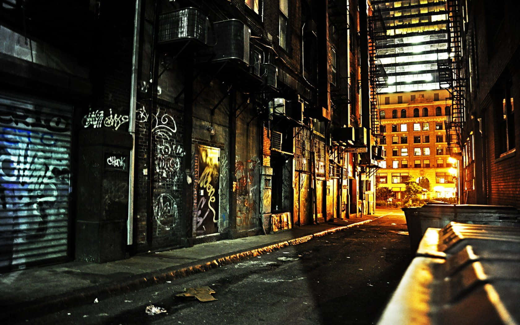 Dark Alleyway, night, warm streetlights, HD Desktop Wallpaper
