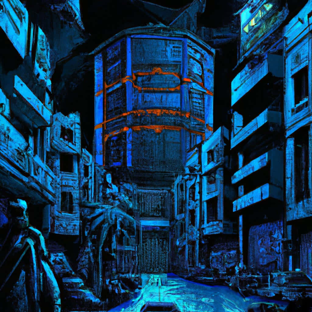 neon-lit urban alleyway, crumbling buildings, electric blue, SD Desktop Wallpaper