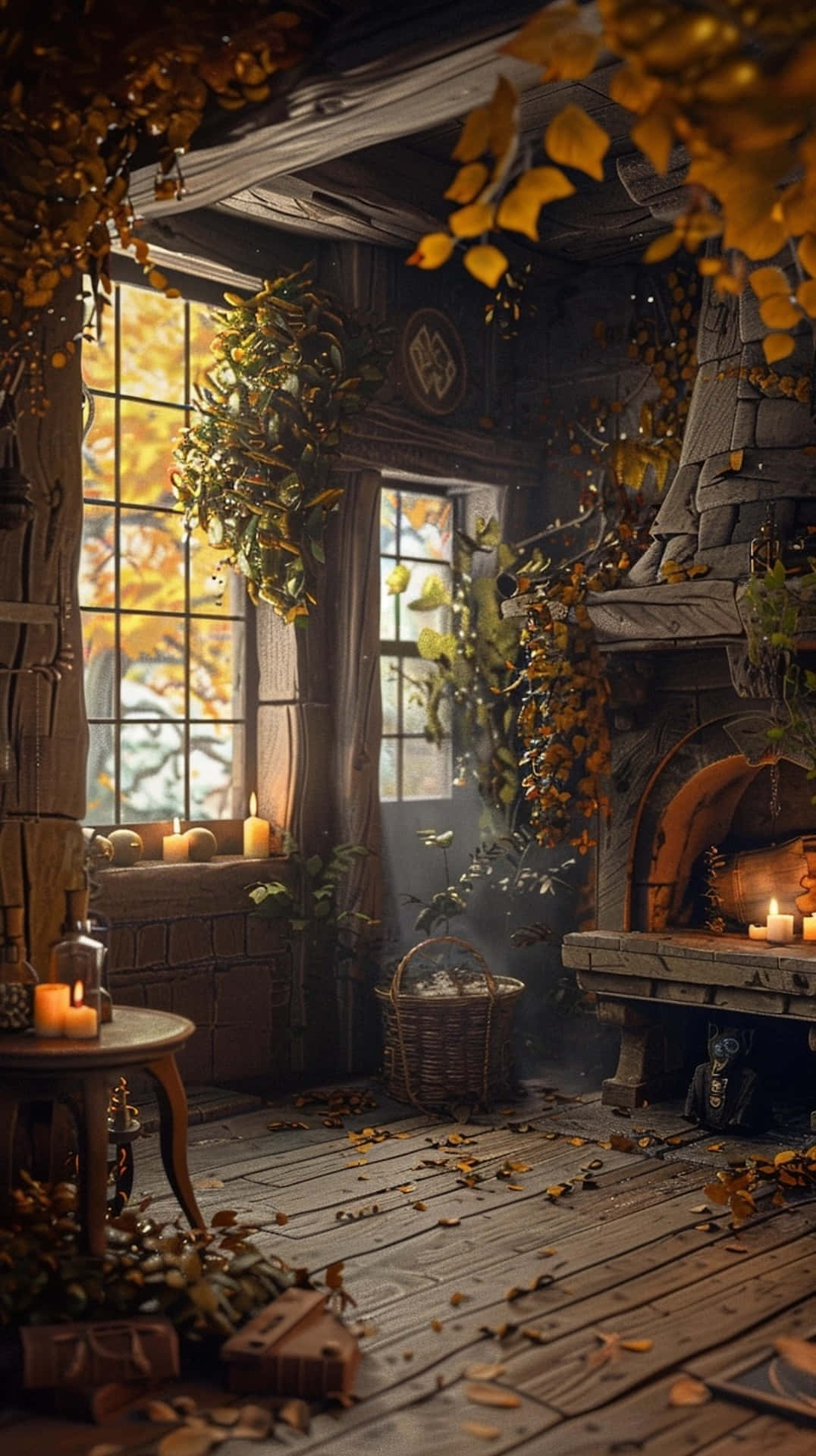 goblincore, autumn cottage interior, warm autumn light, Full HD Phone Wallpaper