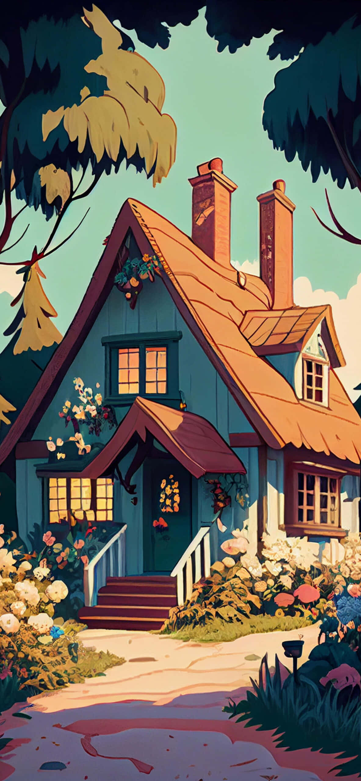 enchanted forest, cottagecore aesthetic, blue cottage, 2K Phone Wallpaper