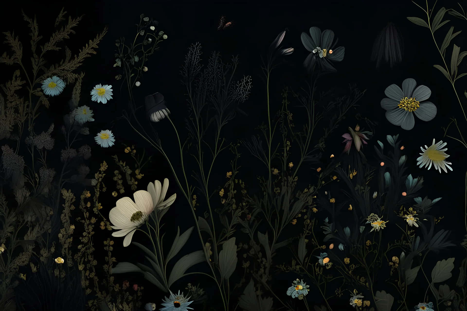 Dark Cottagecore Floral Artwork, wildflowers, grasses, Full HD Desktop Wallpaper