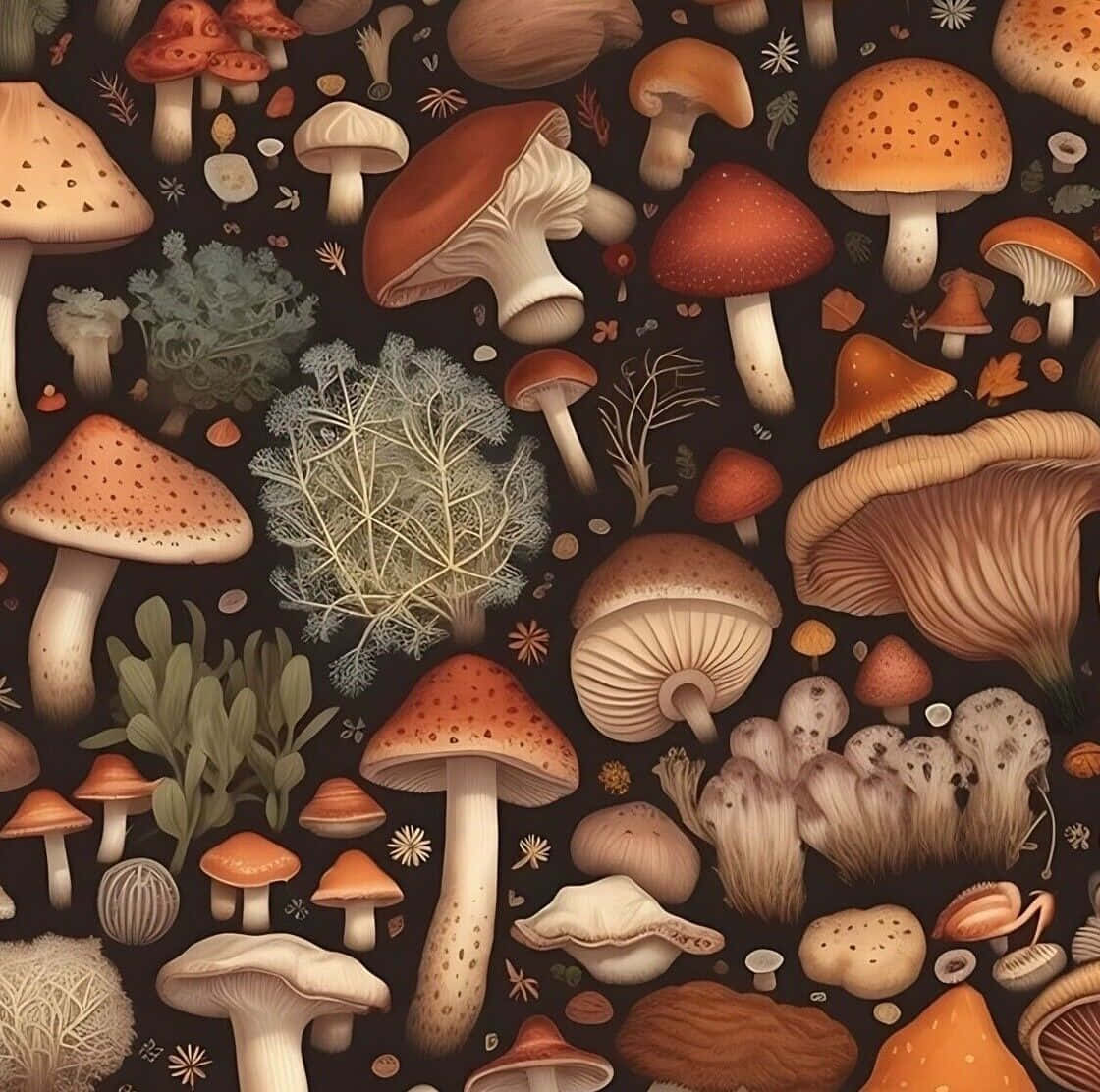 Dark Cottagecore Mushroom Pattern, mushrooms, earthy tones, SD Desktop Wallpaper