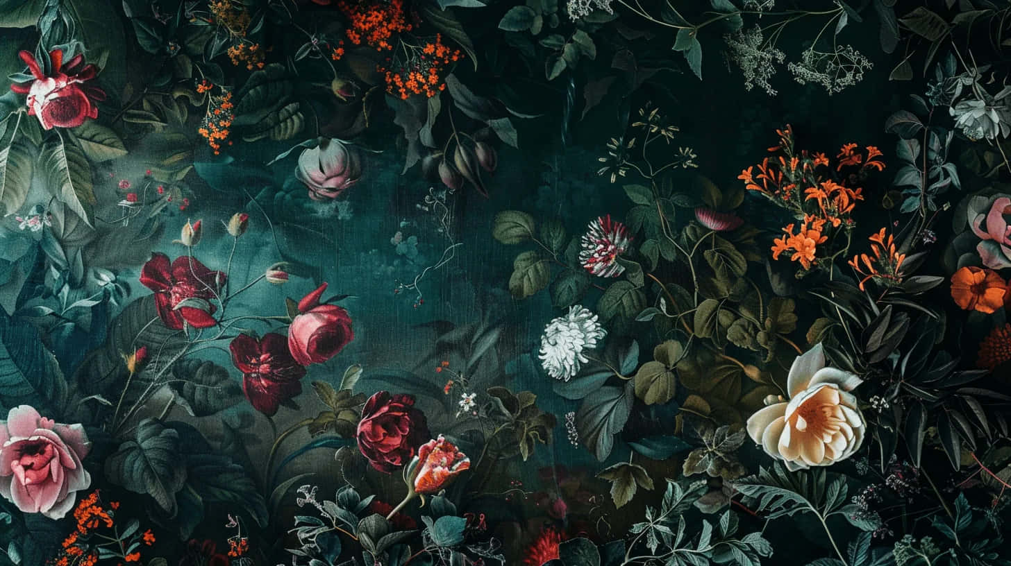 dark cottagecore floral pattern, deep green foliage, vibrant red orange and white blossoms, HD Desktop Wallpaper