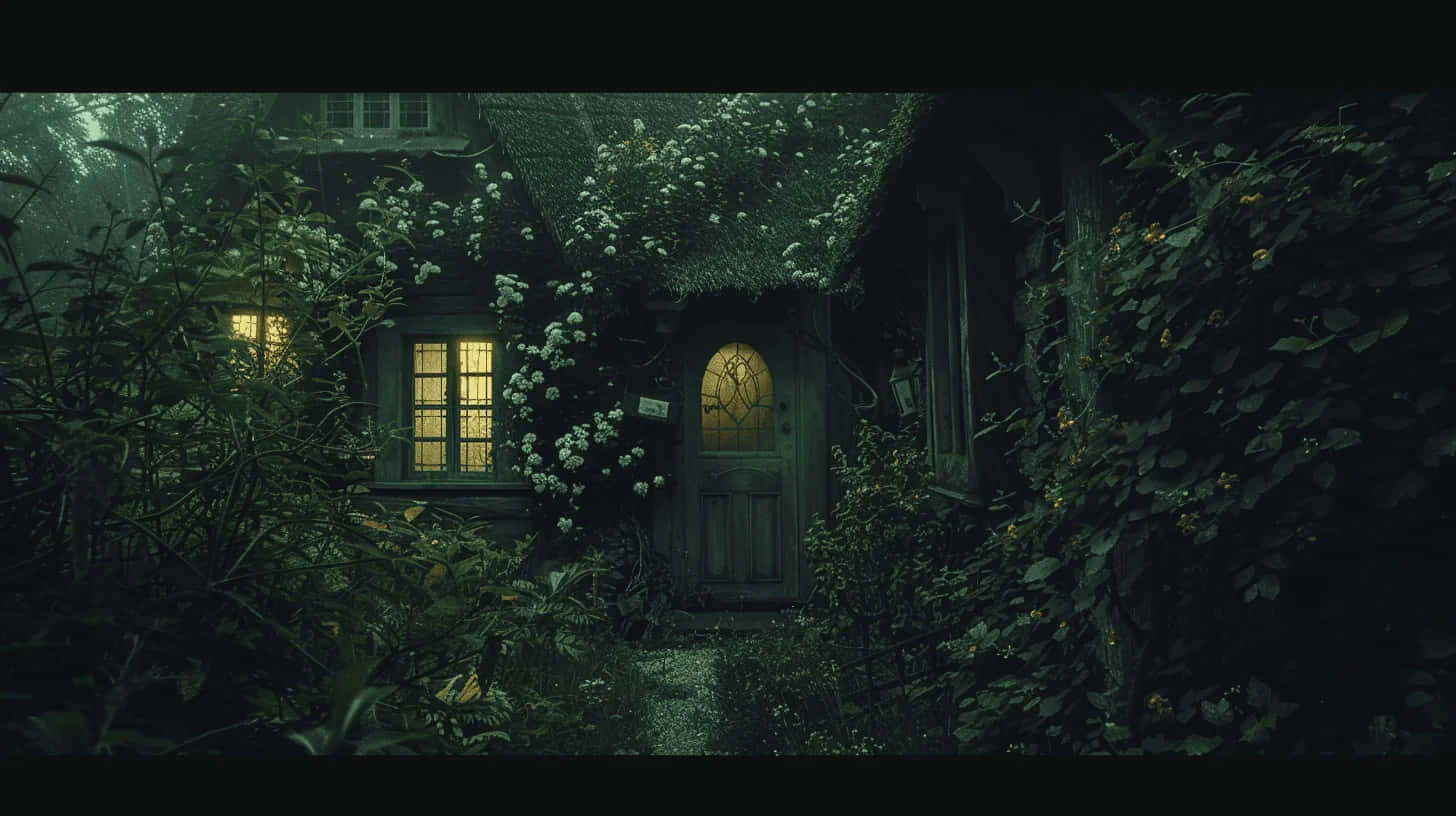 mossy thatched cottage, dense foliage, glowing windows, HD Desktop Wallpaper