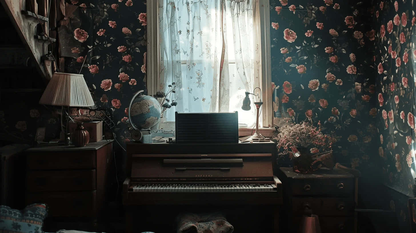 dark cottagecore piano room, vintage piano, lace curtain, HD Desktop Wallpaper