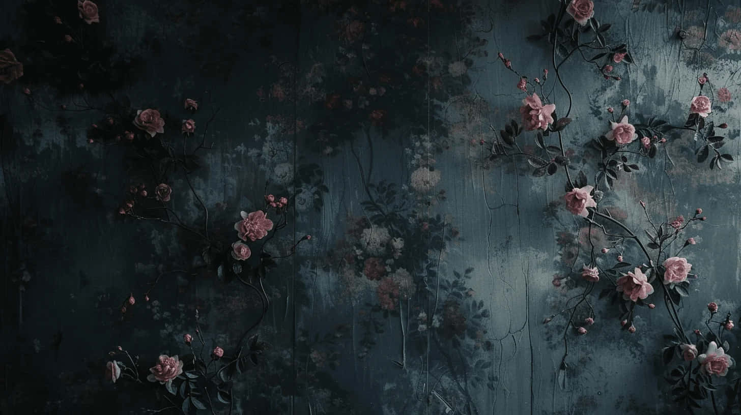 dark cottagecore roses wallpaper, dark teal textured wall, delicate pink roses, HD Desktop Wallpaper